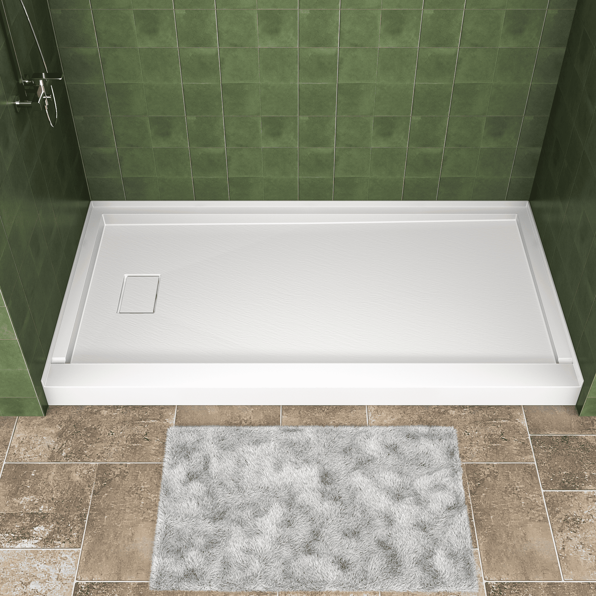 One-piece White Shower Base with Flamed Rock Slip-Resistant Surface, Left/Right Drain