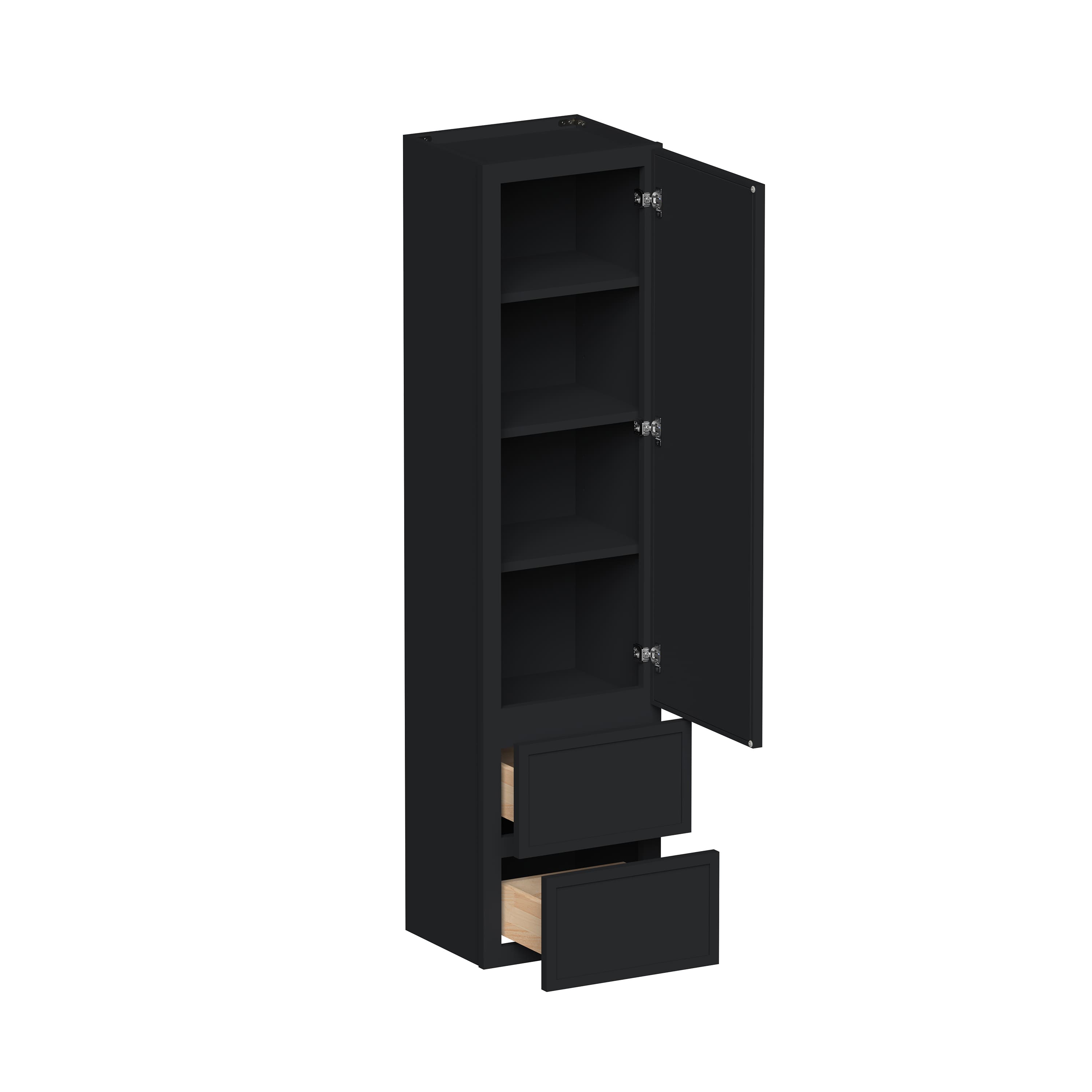 Slim Ebony Black Shaker RTA 15"W x 60"H x 12"D Tall Counter Linen Cabinet with 1 Door and 2 Drawers