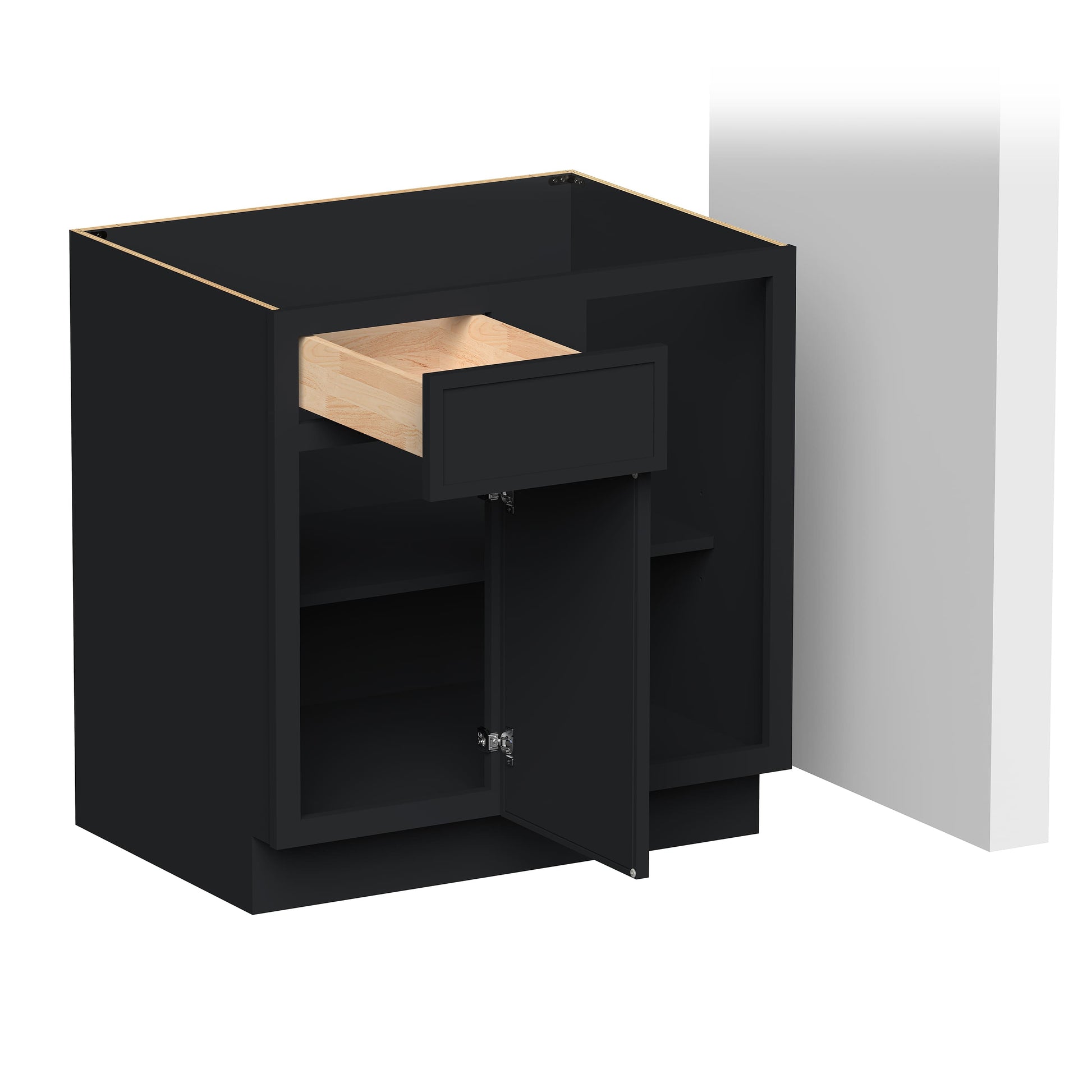 Slim Ebony Black Shaker RTA 33"W x 34.5"H x 24"D Blind Corner Base Cabinet with 1 Drawer and 1 Door