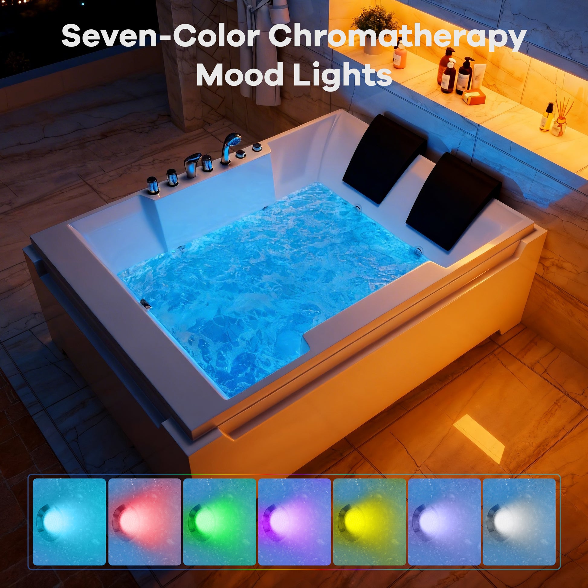 73" Two-Person Whirlpool Tub with Hydro Massage Jets & Chromotherapy Lighting
