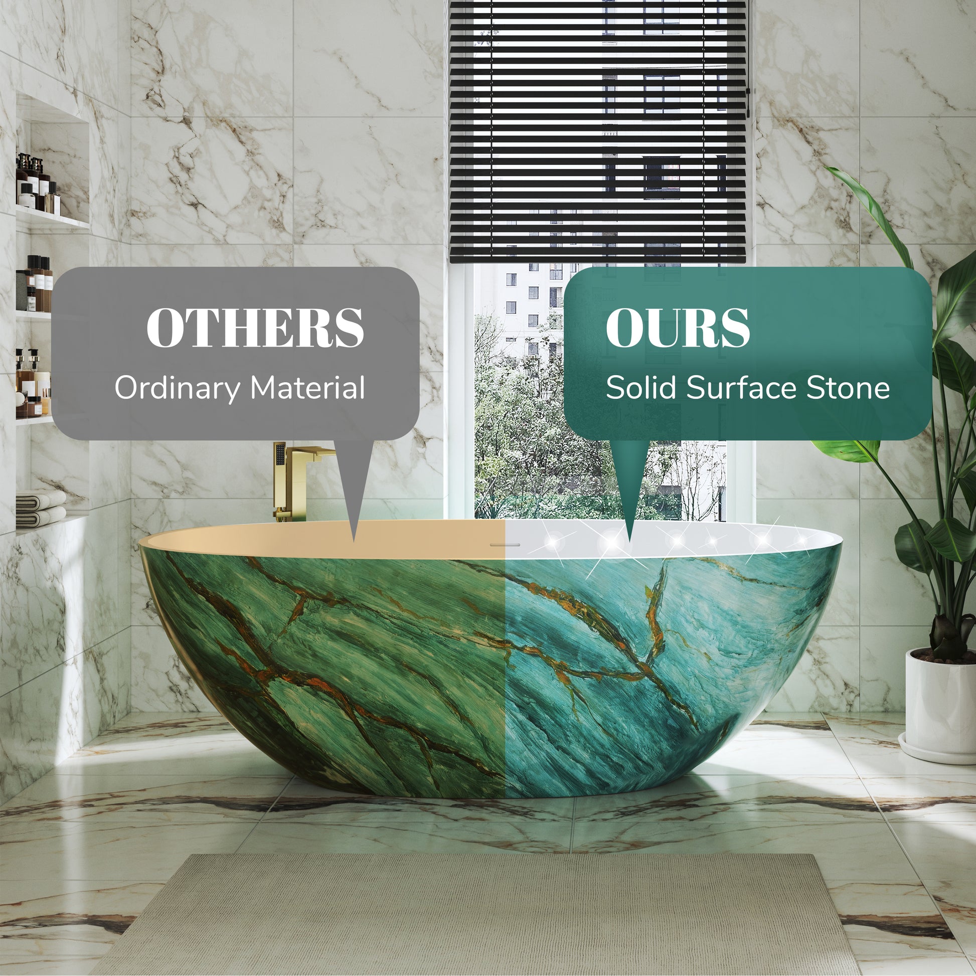65" Freestanding Oval Solid Surface Soaking Bathtub in Emerald-Green with Center Drain & Overflow