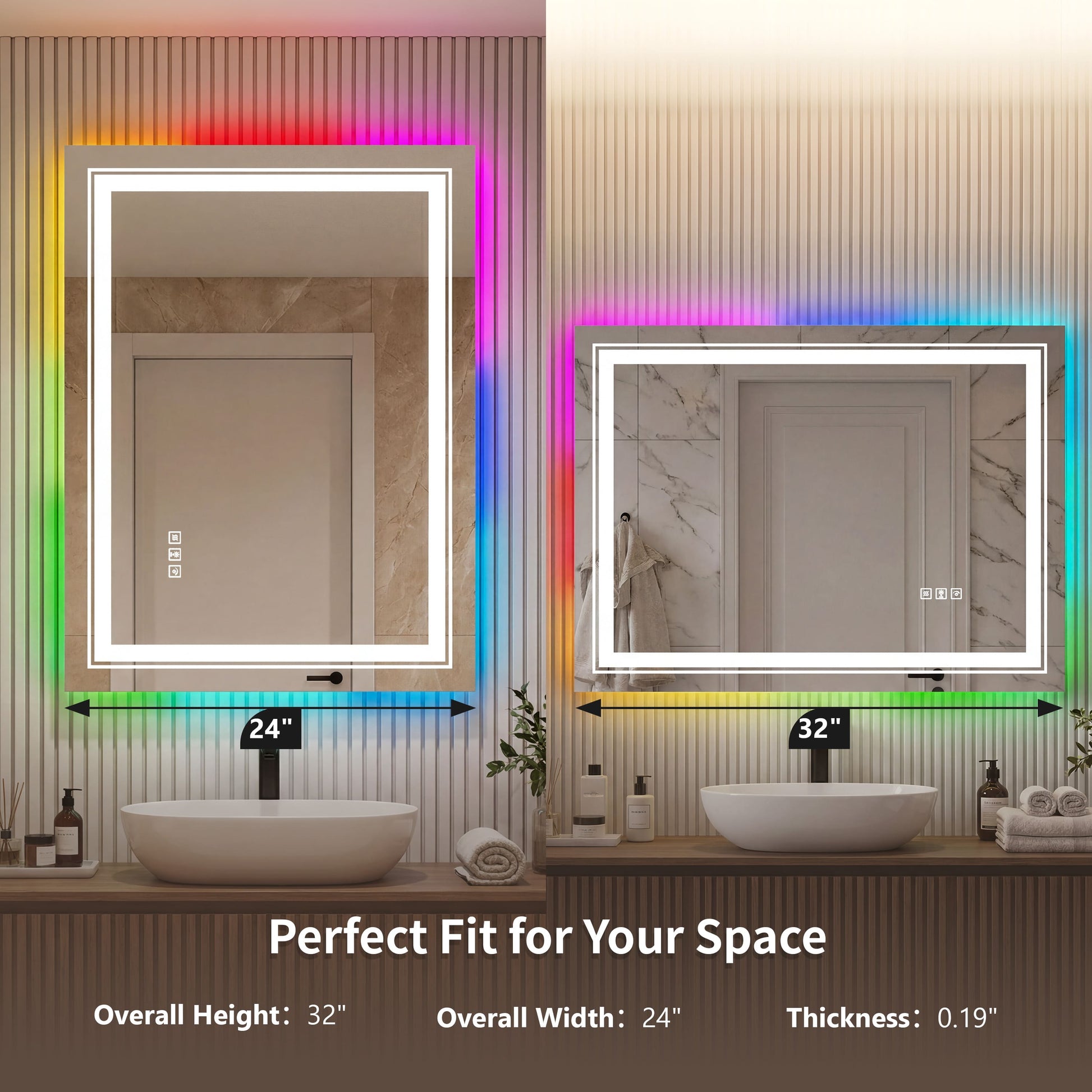 RGB Smart Control Backlit Bathroom Mirror with Dimmable Touch, Anti Fog