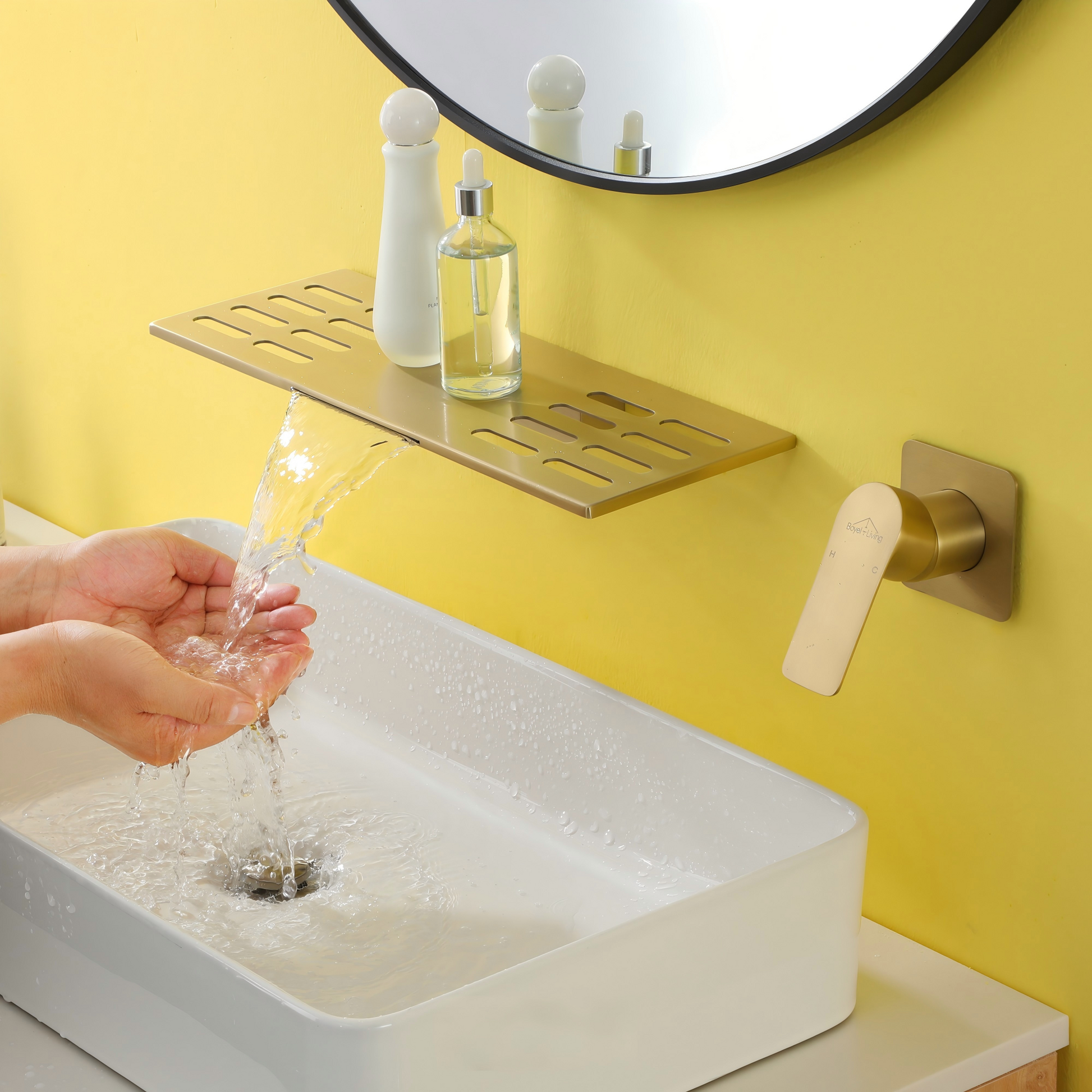 Brushed Gold Wall Mount Waterfall Bathroom Faucet