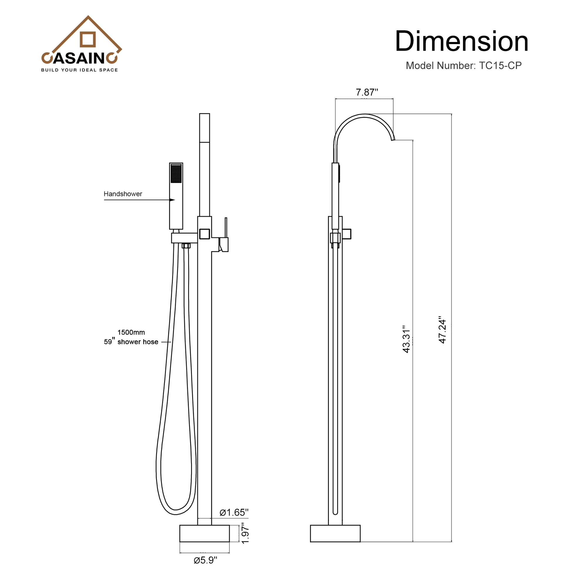 Floor Mount High Arc Bathtub Faucet with Ceramic Filter and Hand Shower