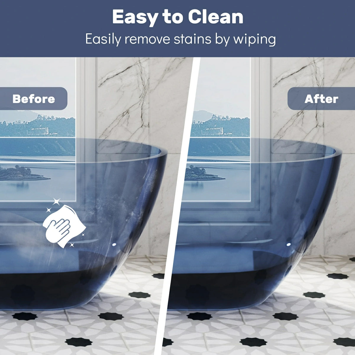 68.9" Modern Oval Freestanding Bathtub, Translucent Grey Blue Deep Soaking Tub for Bathroom