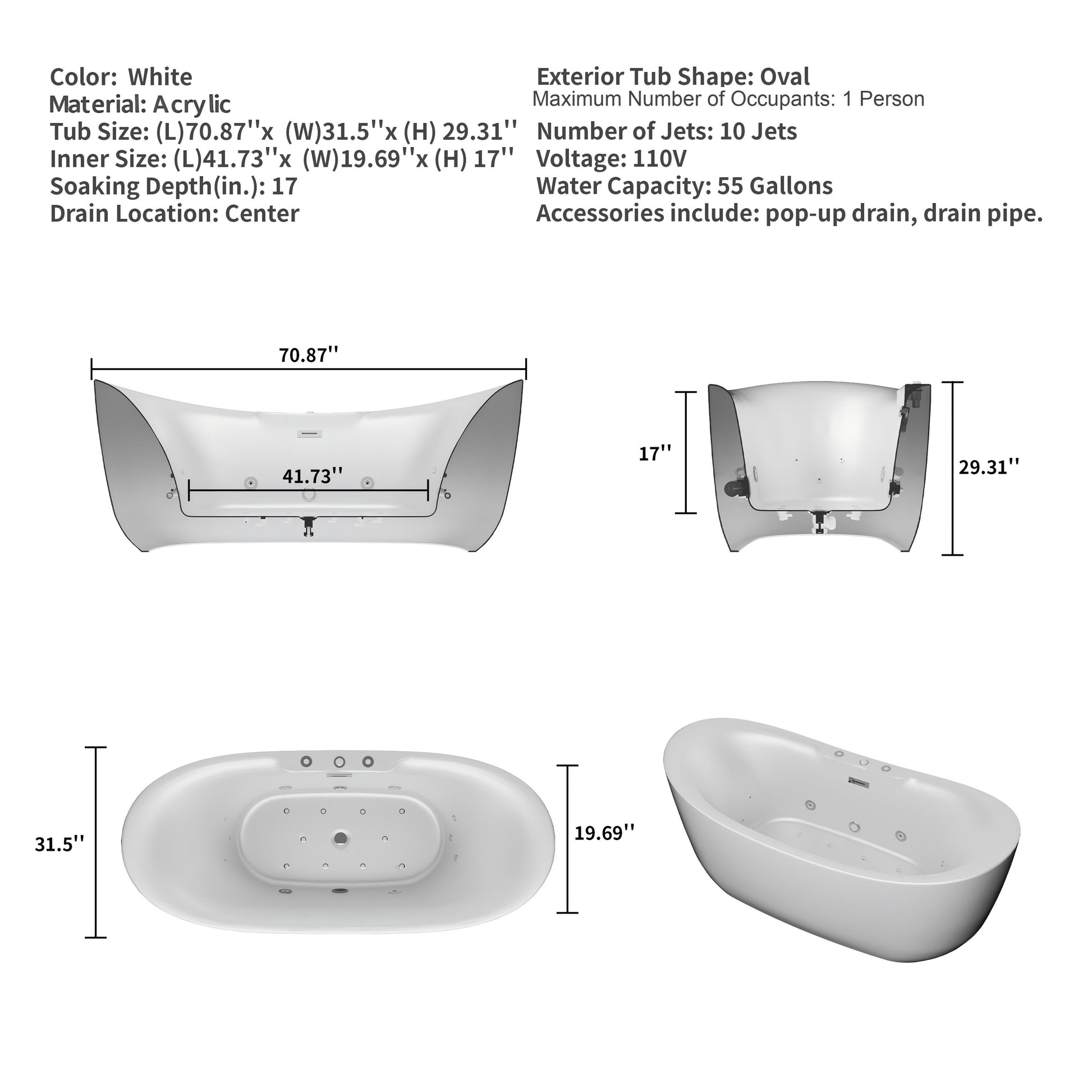 CasaCrylic 71" Freestanding Oval Whirlpool Baths with Water Jets & Chromotherapy Lights