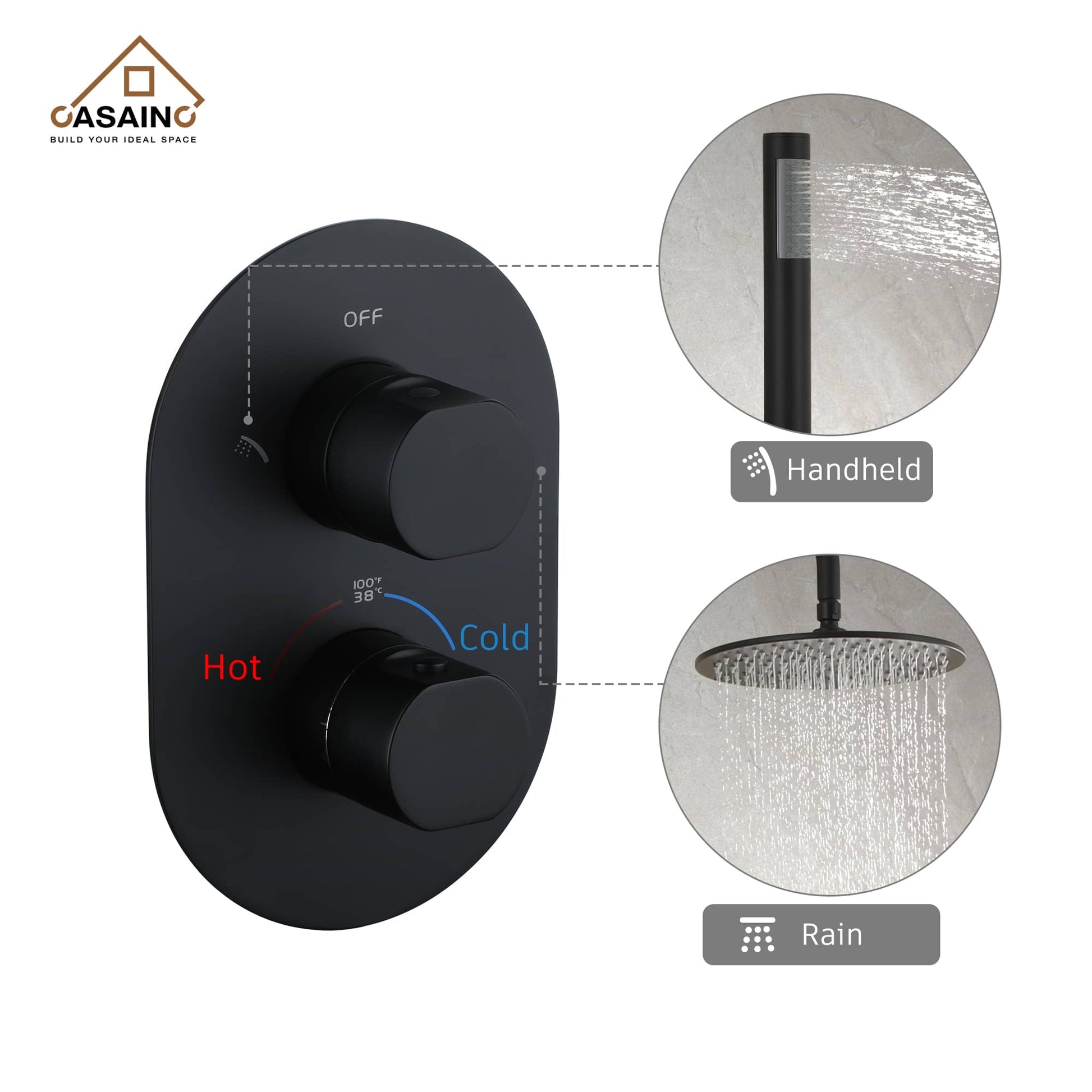 CASAINC 2-Function Matte Black 1-Handle Shower Faucet Valve with Hand-Held Shower