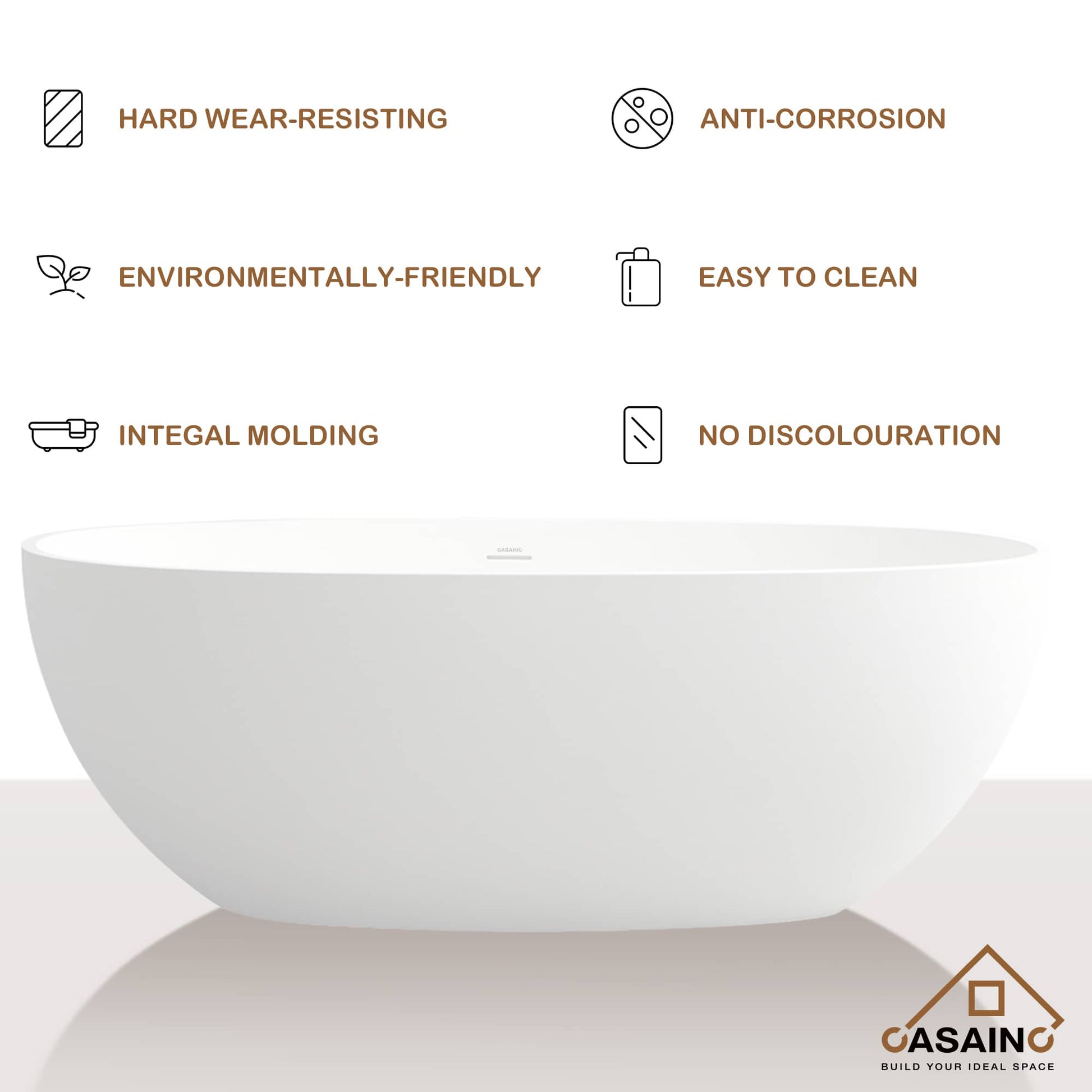 CASAINC 61 in. Solid Surface Free-Standing Bathtub with Centre Drain in Matte White