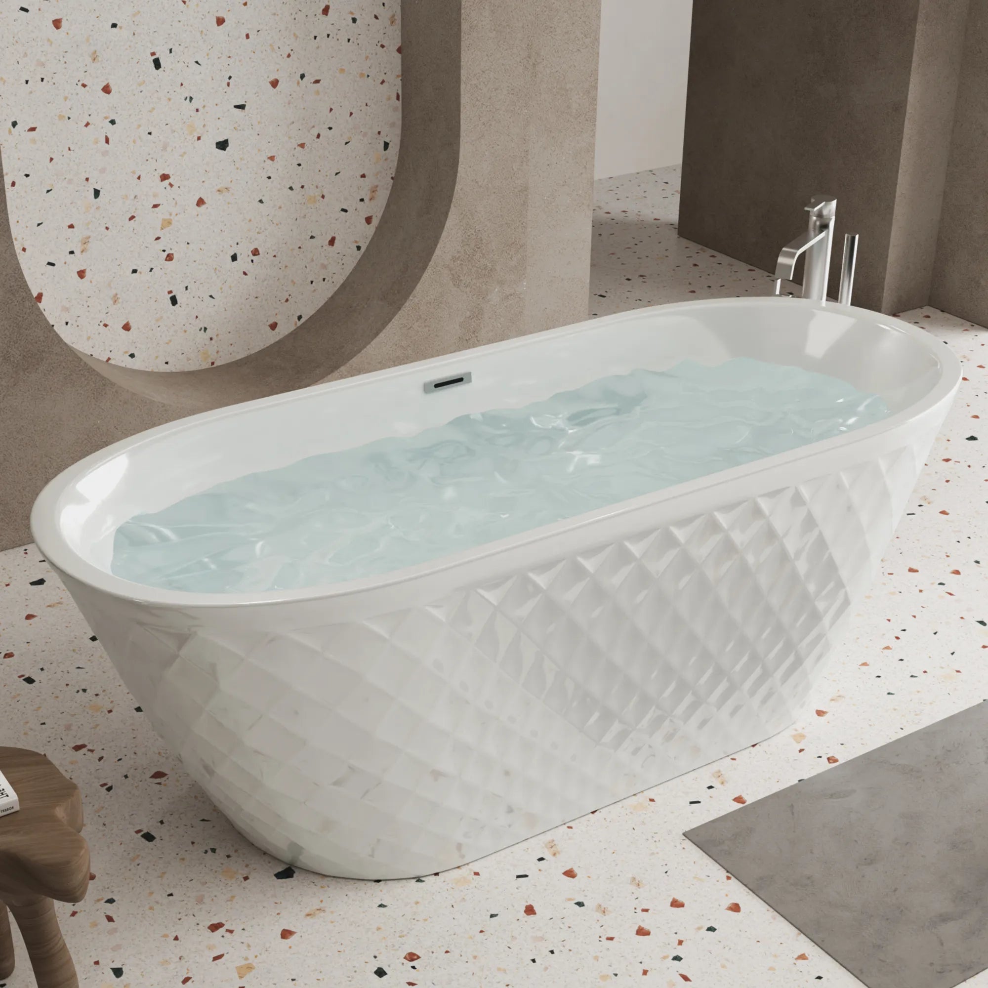 59" Gloss White Diamond-Pattern Exterior Acrylic Freestanding Bathtub with Chrome Overflow and Pop-Up Drain