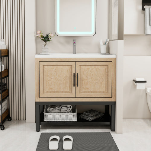 Freestanding Bathroom Vanity with White Ceramic Sink & Hot and Cold Faucet
