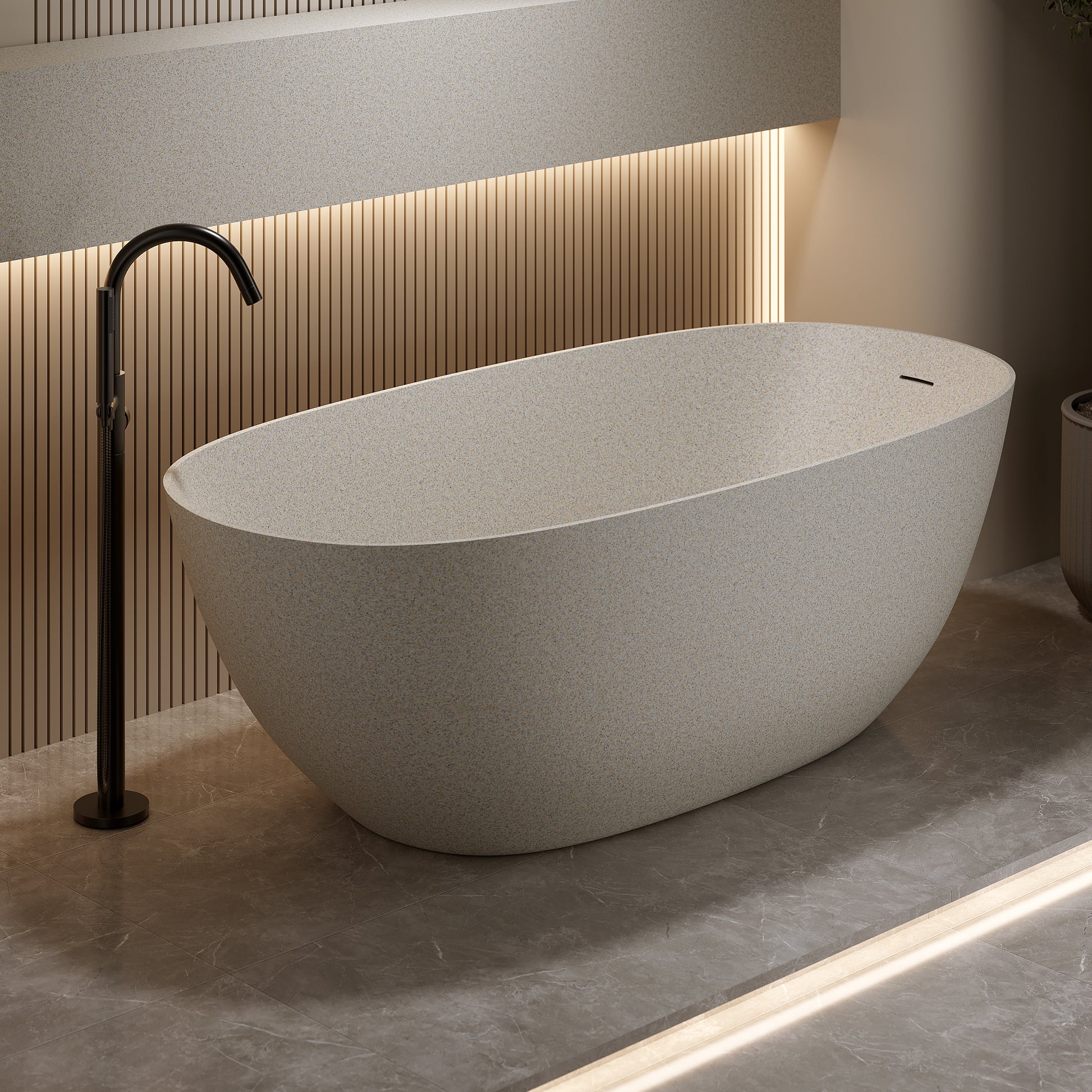 57"/61"/65"/69" Cream Grey Stone Resin Freestanding Soaking Bathtub with One-Side Overflow