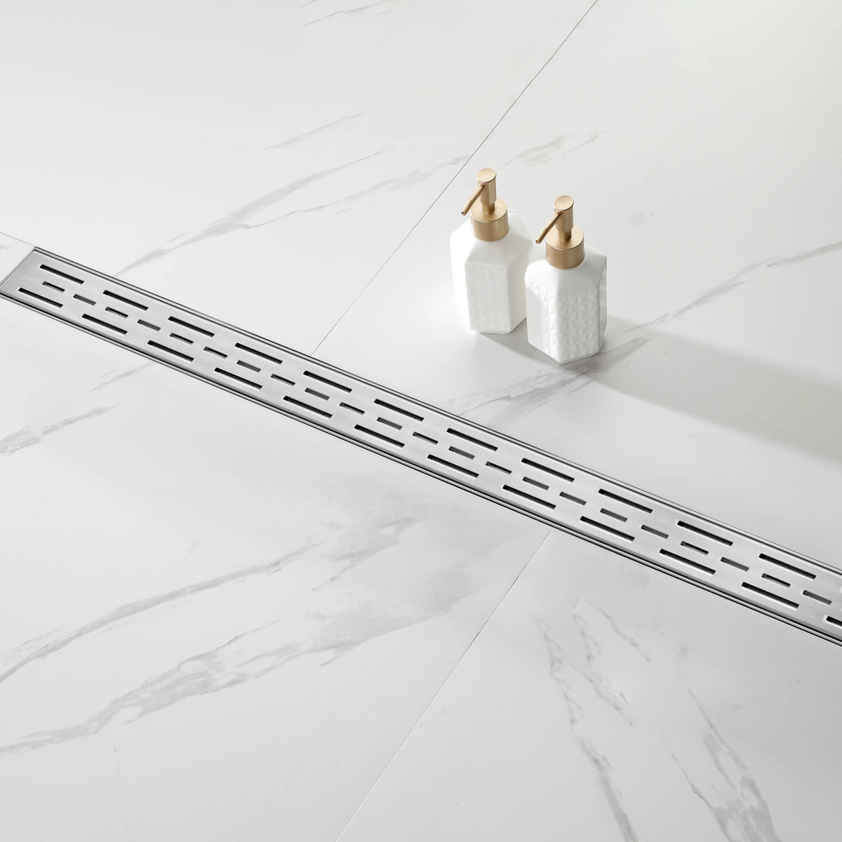 Linear Shower Drain with Brick Pattern Grate Cover and Hair Strainer in 304 Stainless Steel