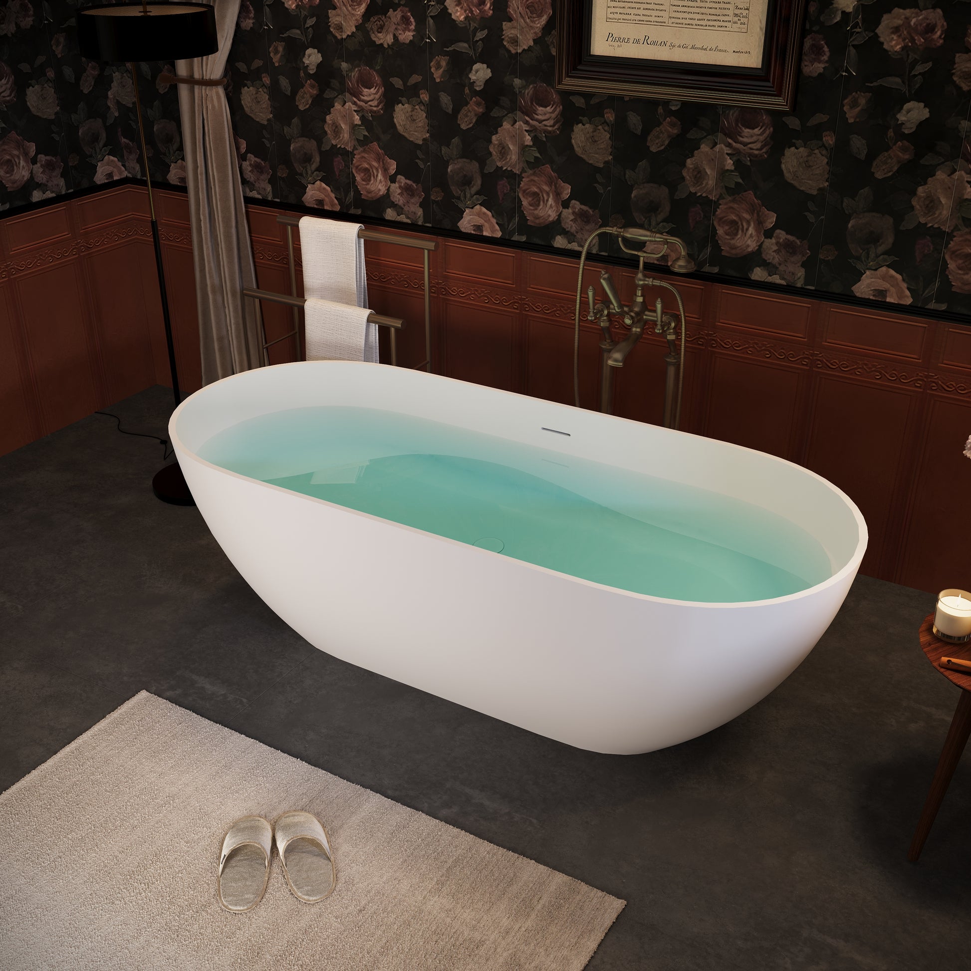 63" Engineered Stone Resin Freestanding Soaking Bathtub with Overflow and Pop-up Drain