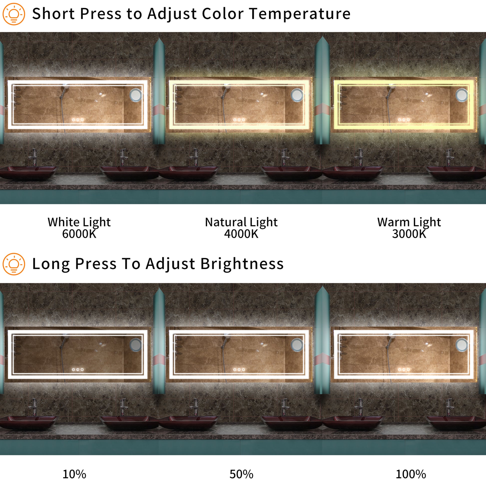 Rectangular Frameless LED Bathroom Mirror with Anti-Fog & Adjustable Color