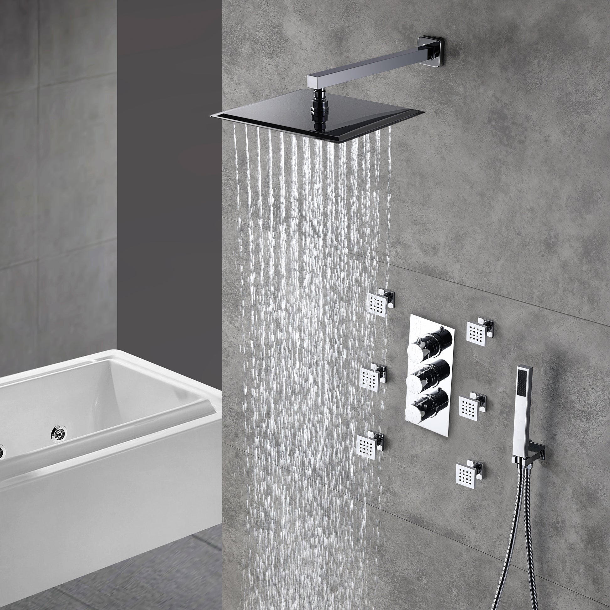 12" Thermostatic Complete Shower System with Rough-in Valve & 6 Body Jets