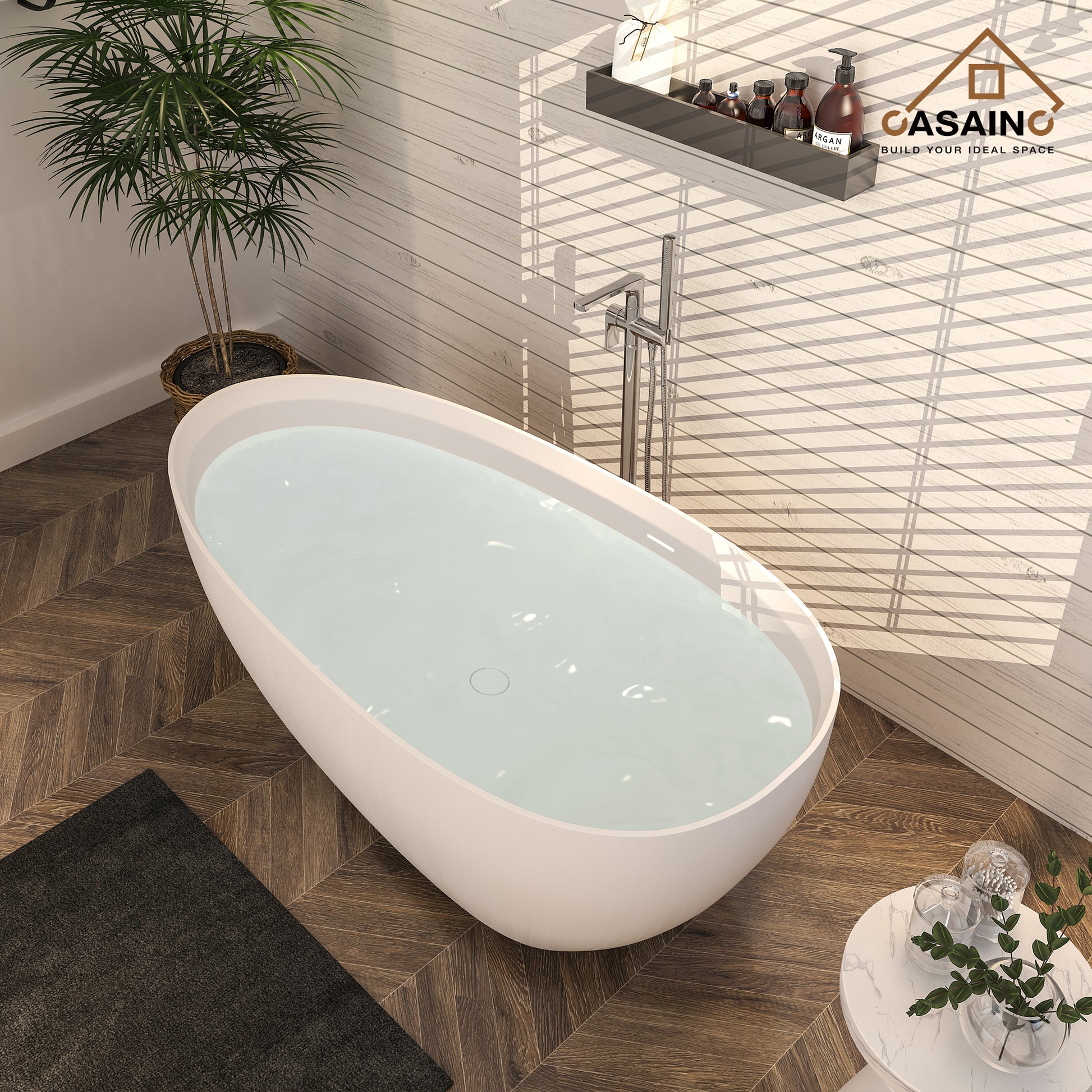 CASAINC 59/63/67/71" Solid Surface Freestanding Bathtub, Egg Shell Shaped Stone Resin Freestanding Tubs, Contemporary Oval Soaking Tub with Overflow and  Drain, Matte White