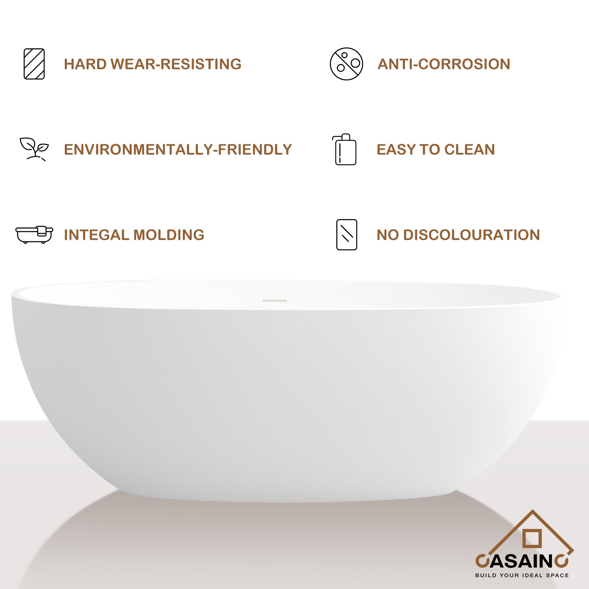 55 inches  Solid Surface Free-Standing Bathtub with Center  Drain in Matte White