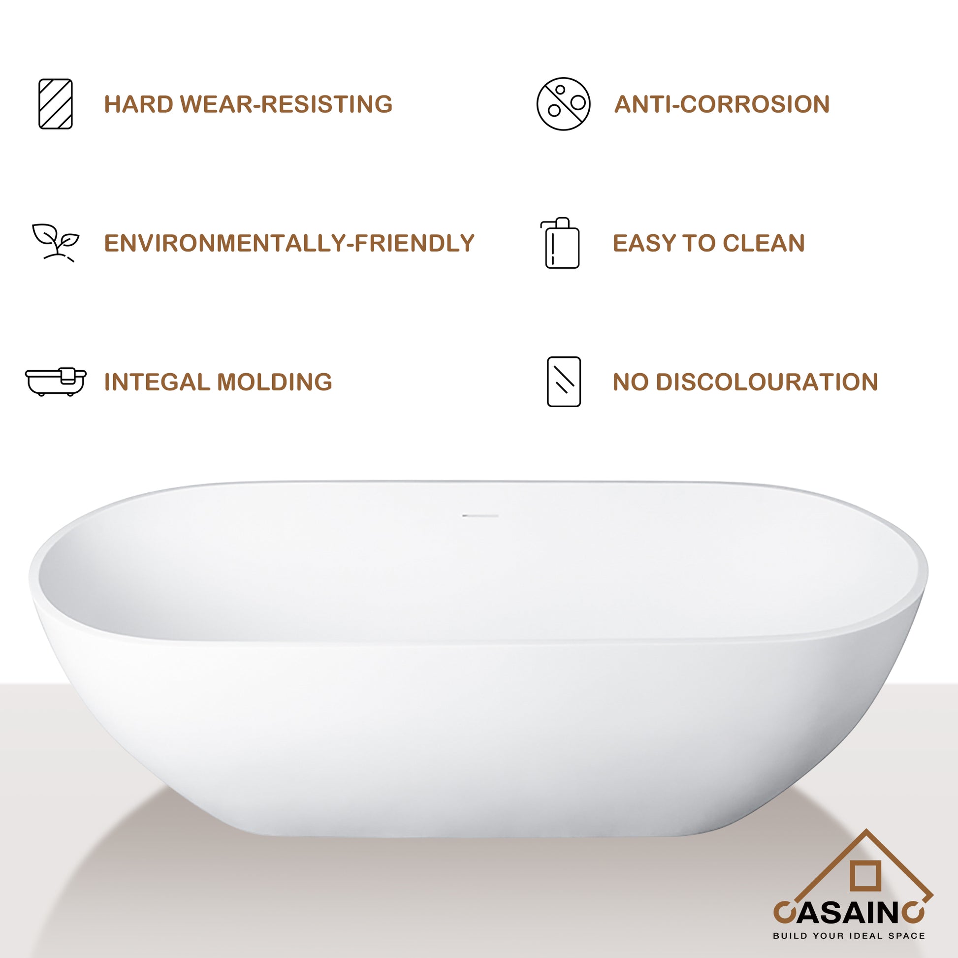 59 inches Solid Surface Free-Standing Bathtub with Center Drain in Matte White
