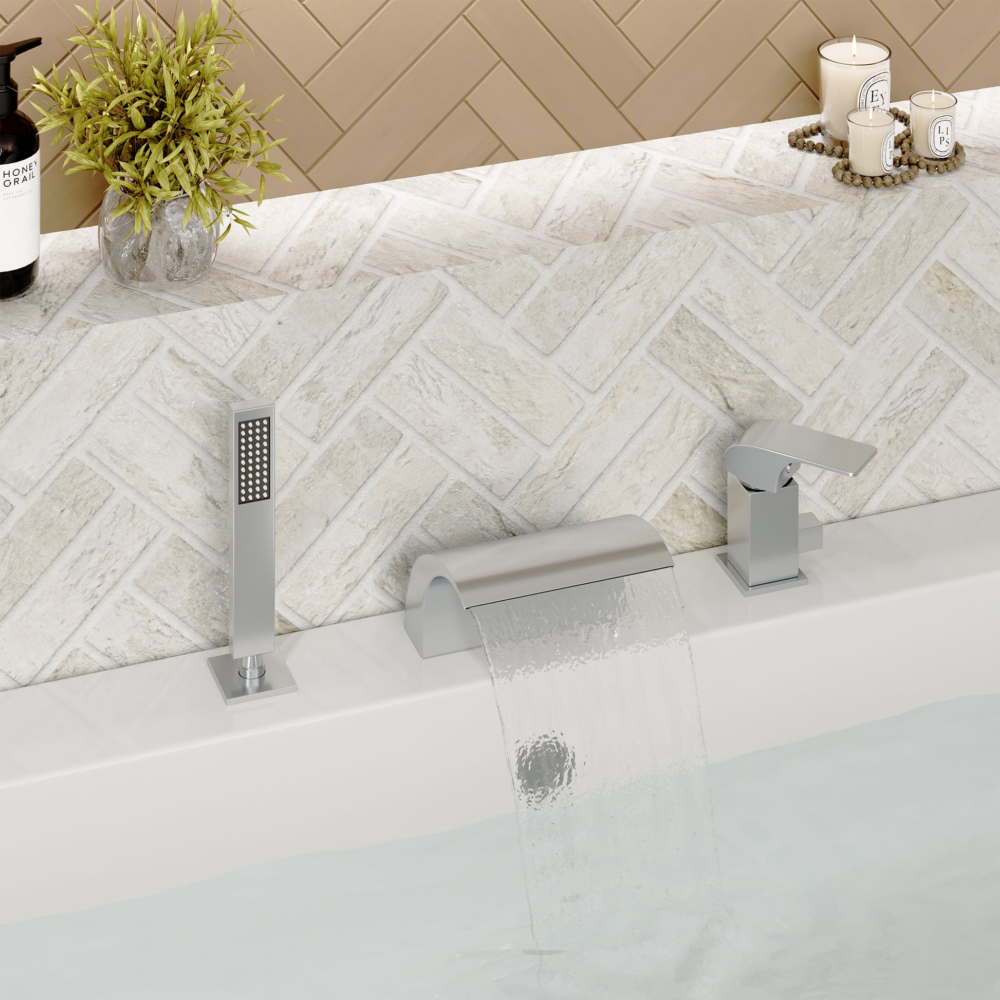 Waterfall Tub Faucet with Handheld Shower Head for Bathtub