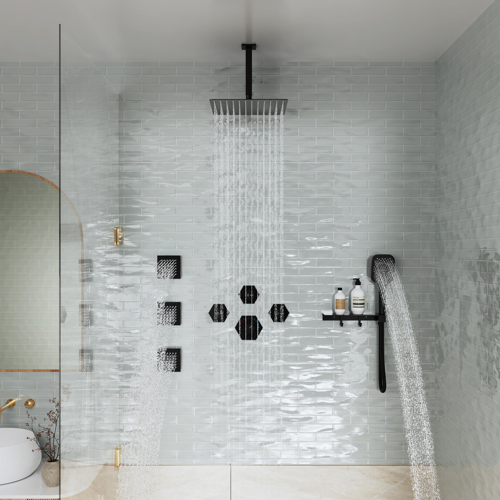 Ceiling Mount 3 Function Thermostatic Shower System with Rainfall Massage Jets