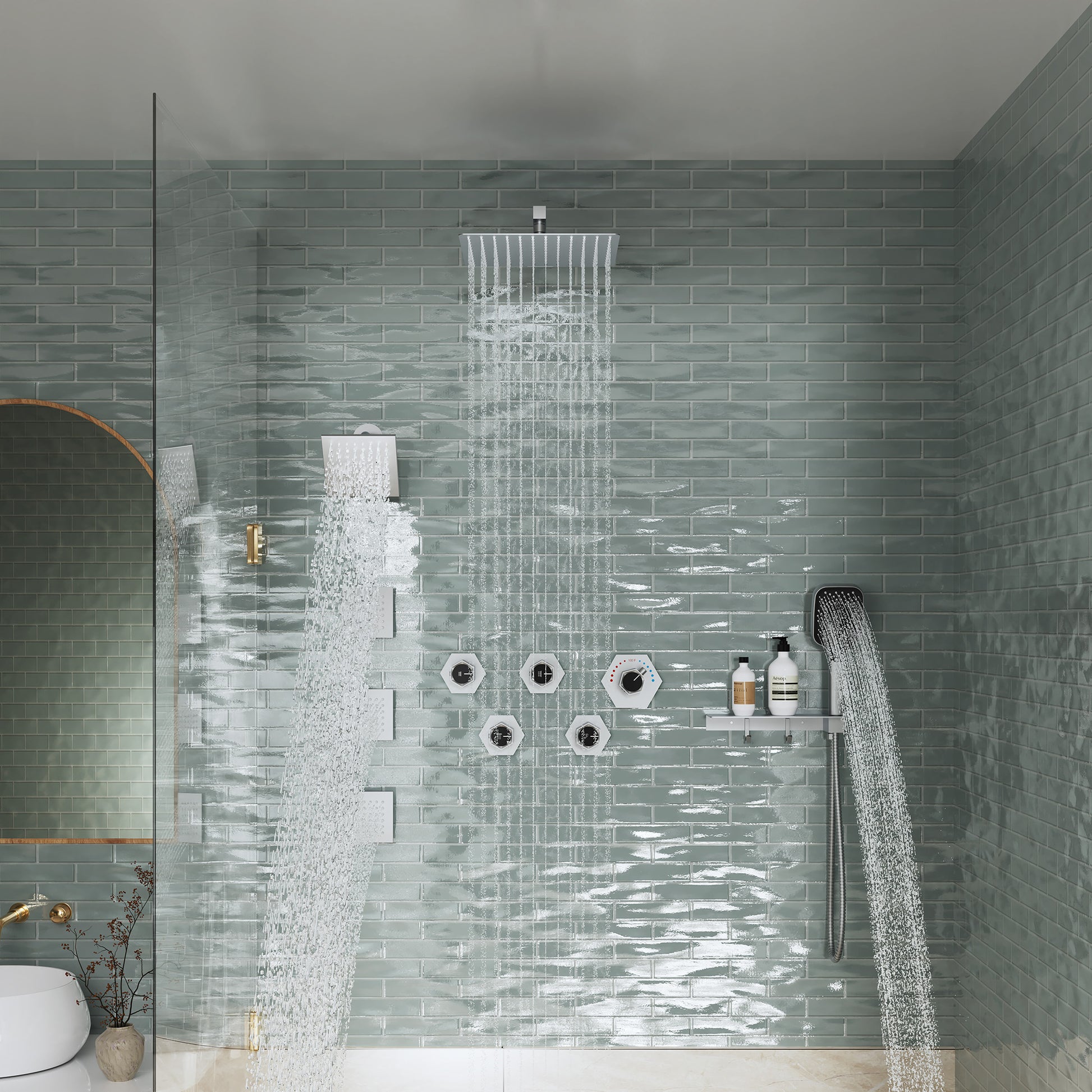 12" Dual Shower Head System with with 360° Side Sprays & Shelving Shower Holder