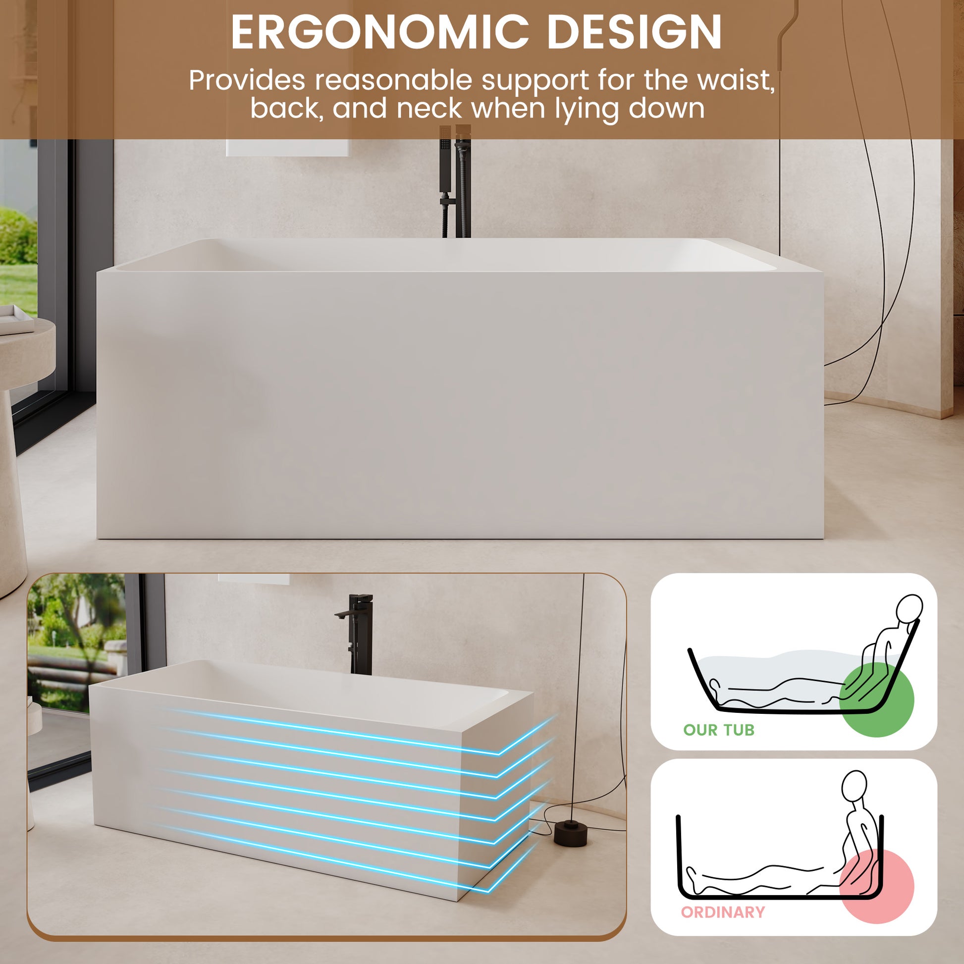 59" Rectangular Solid Surface Freestanding Bathtub with Sloped Backrest