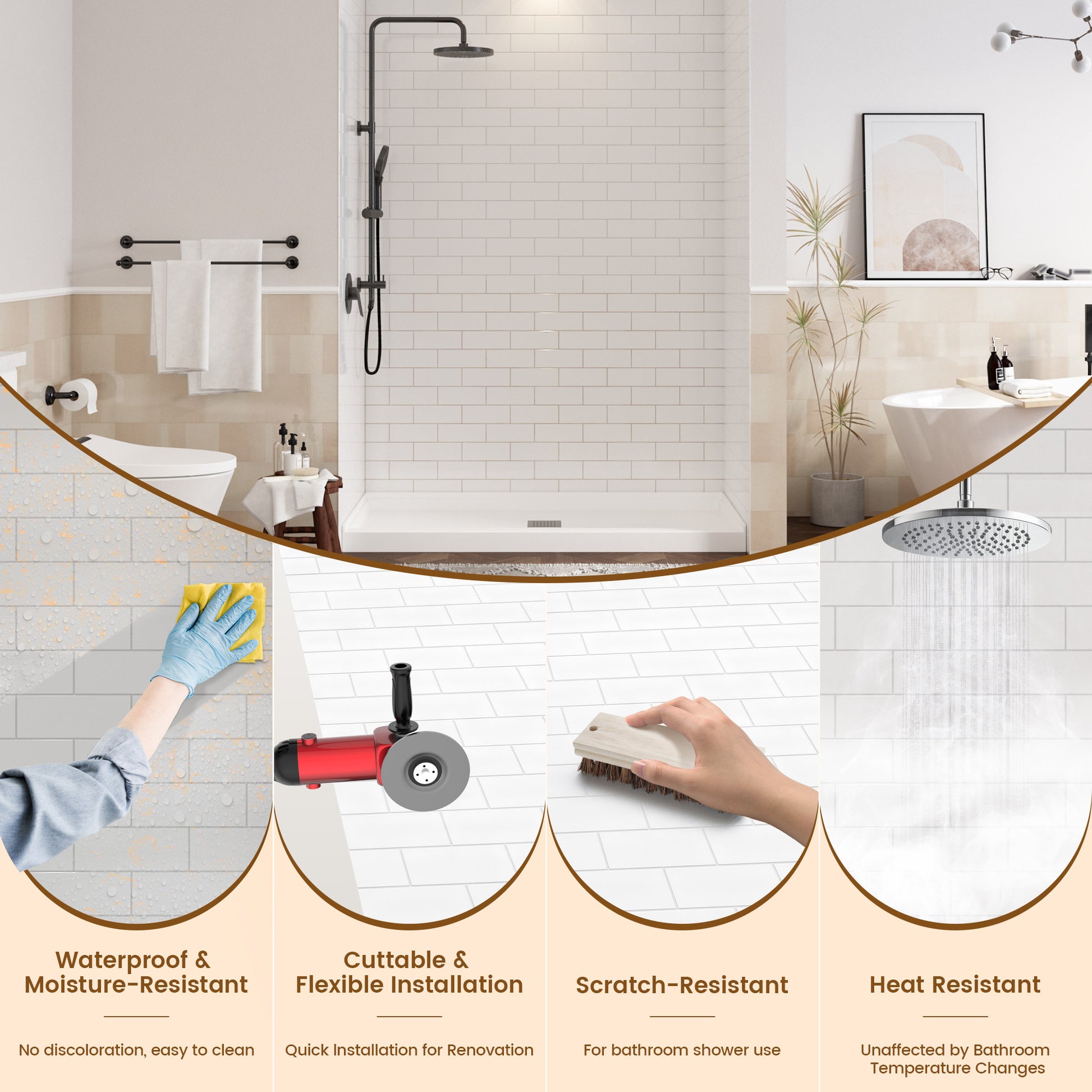 White Solid Surface 3-Piece Glue Up Alcove Shower Wall Surround