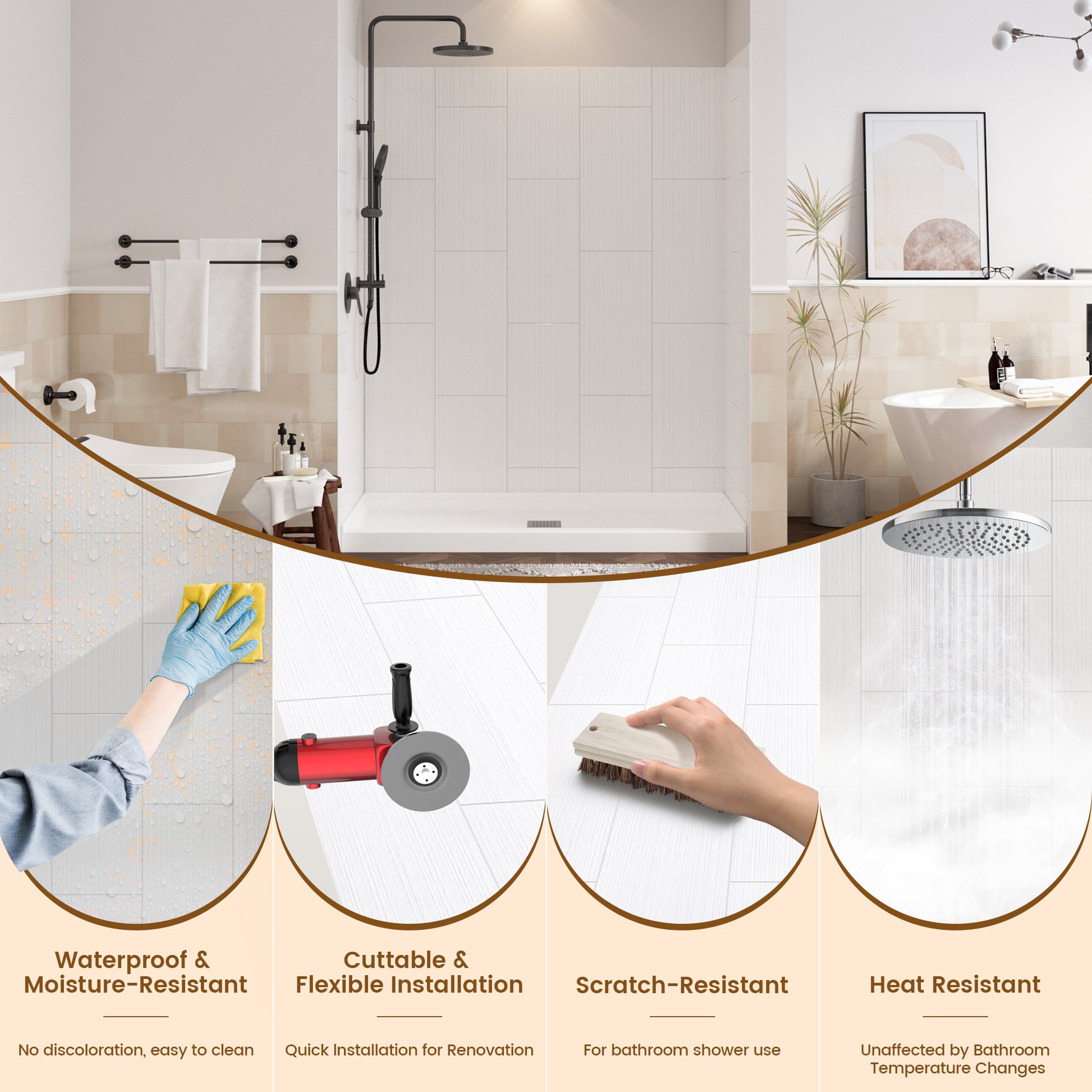 White Solid Surface 3-Piece Glue Up Alcove Shower Wall Surround