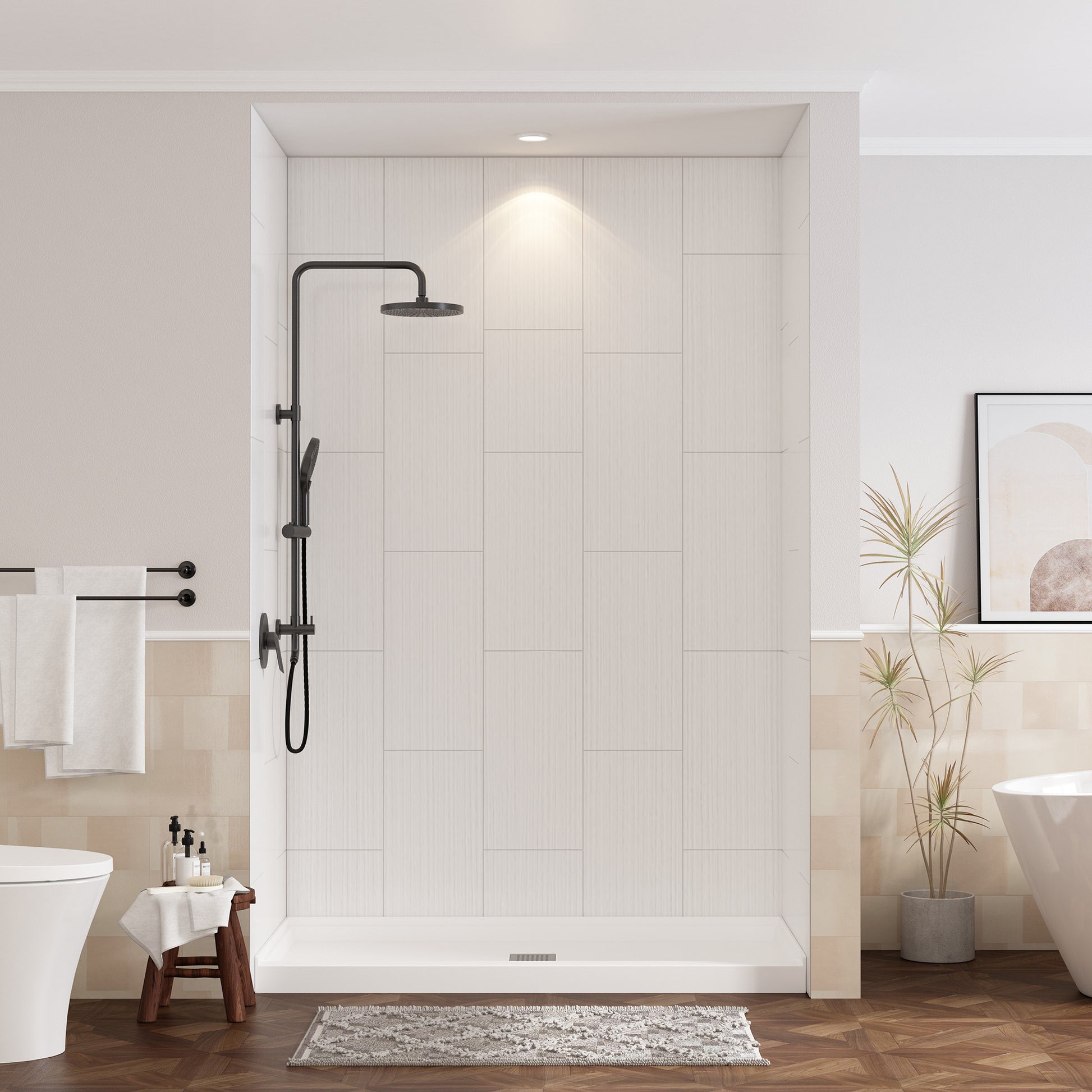 White Solid Surface 3-Piece Glue Up Alcove Shower Wall Surround