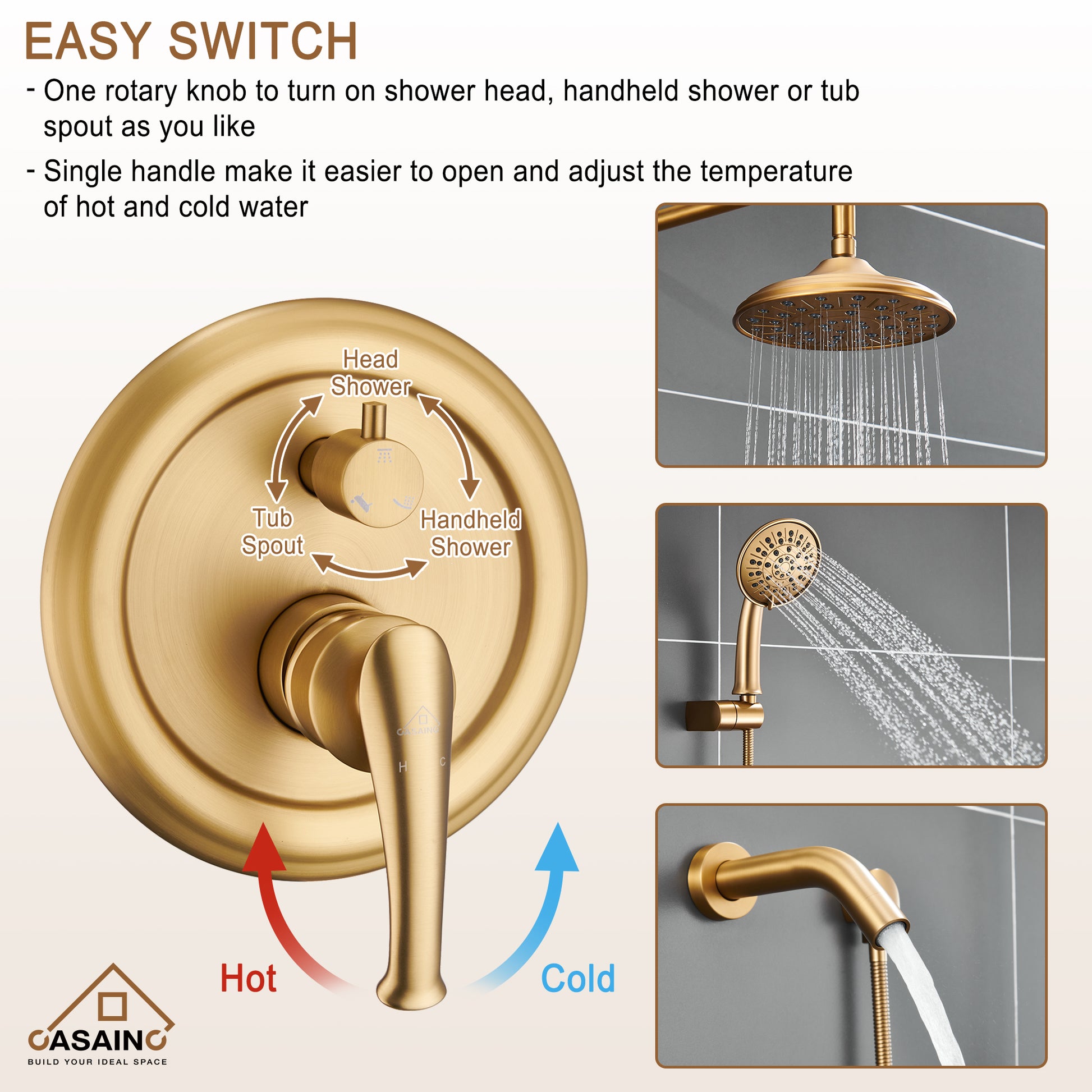 CASAINC 8.3 inch Wall-mounted Rain Shower Faucet with Pressure Balanced Valve