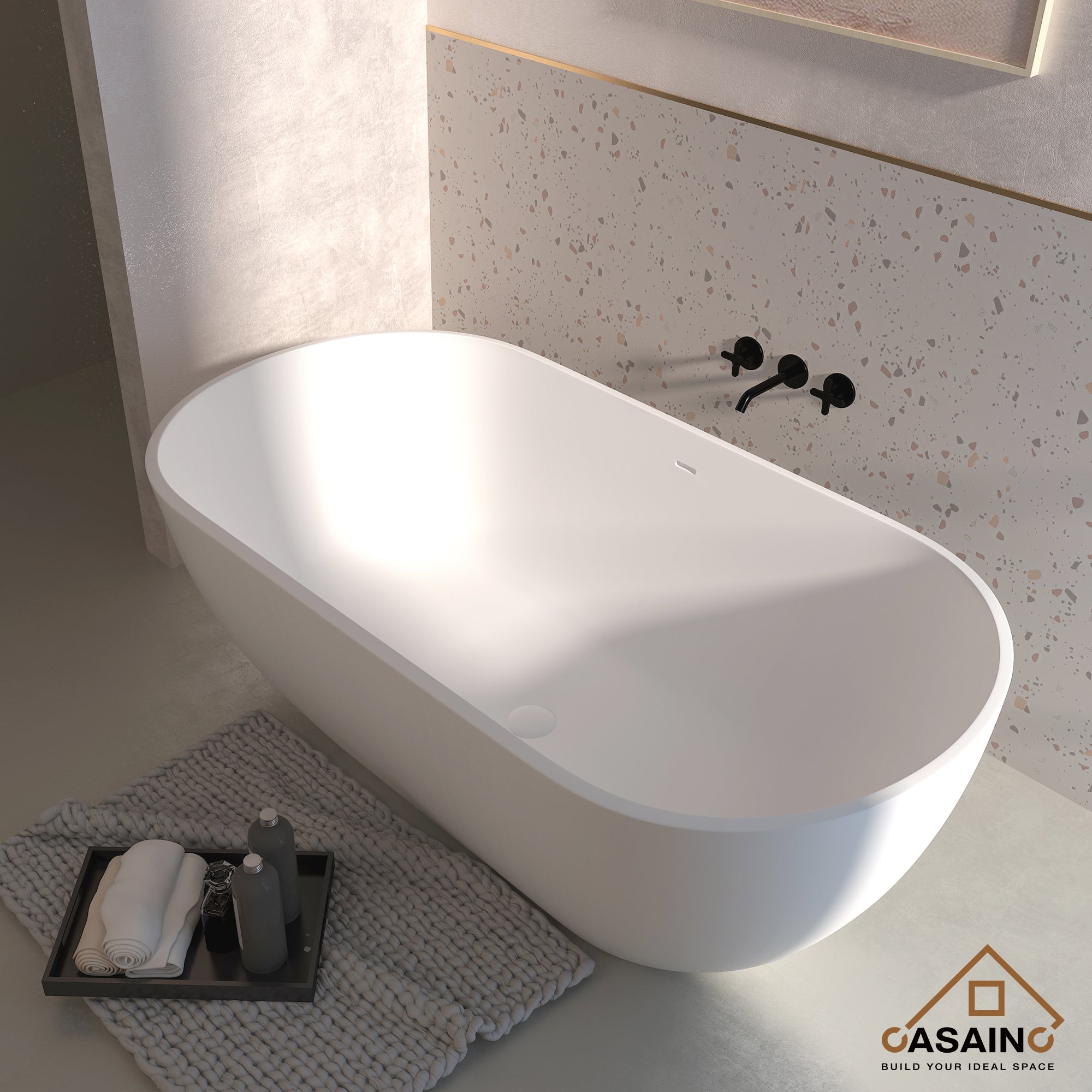 CASAINC 59/69" Solid Surface Bathtubs, Stone Resin Freestanding Tubs, Contemporary Oval Soaking Tub with Overflow and  Drain, Matte White