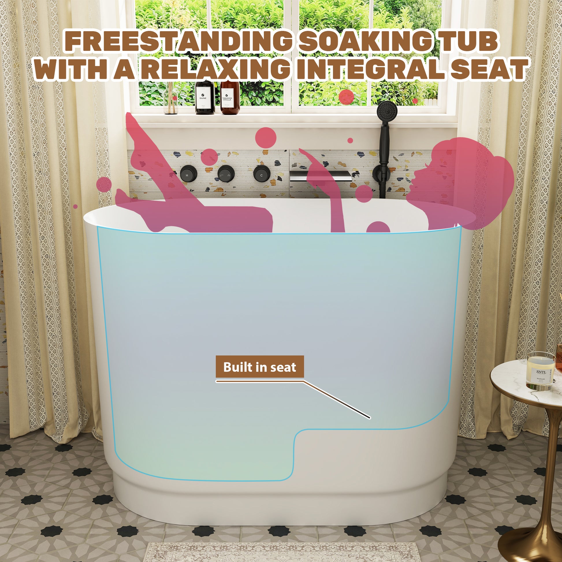 39" Small Freestanding Oval Solid Surface Soaking Bathtub with Built-In Seat - Tangent