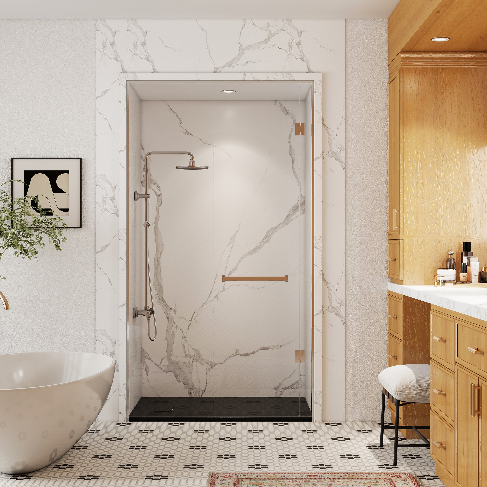 European-Style SMC Shower Base with Sleek Marble Texture in Black & White