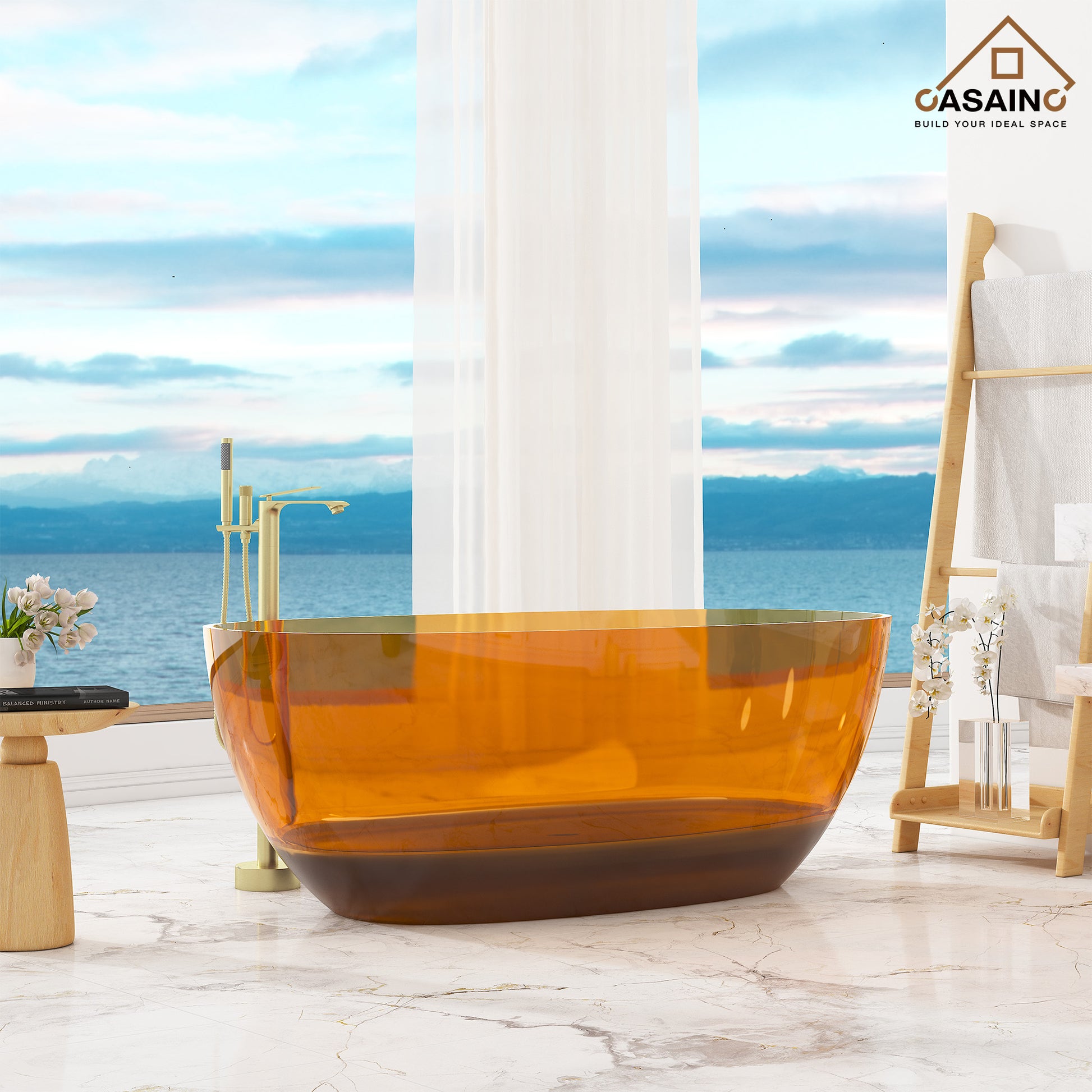 59"/67" Pure Resin Freestanding Transparent Bathtub with Center Drain