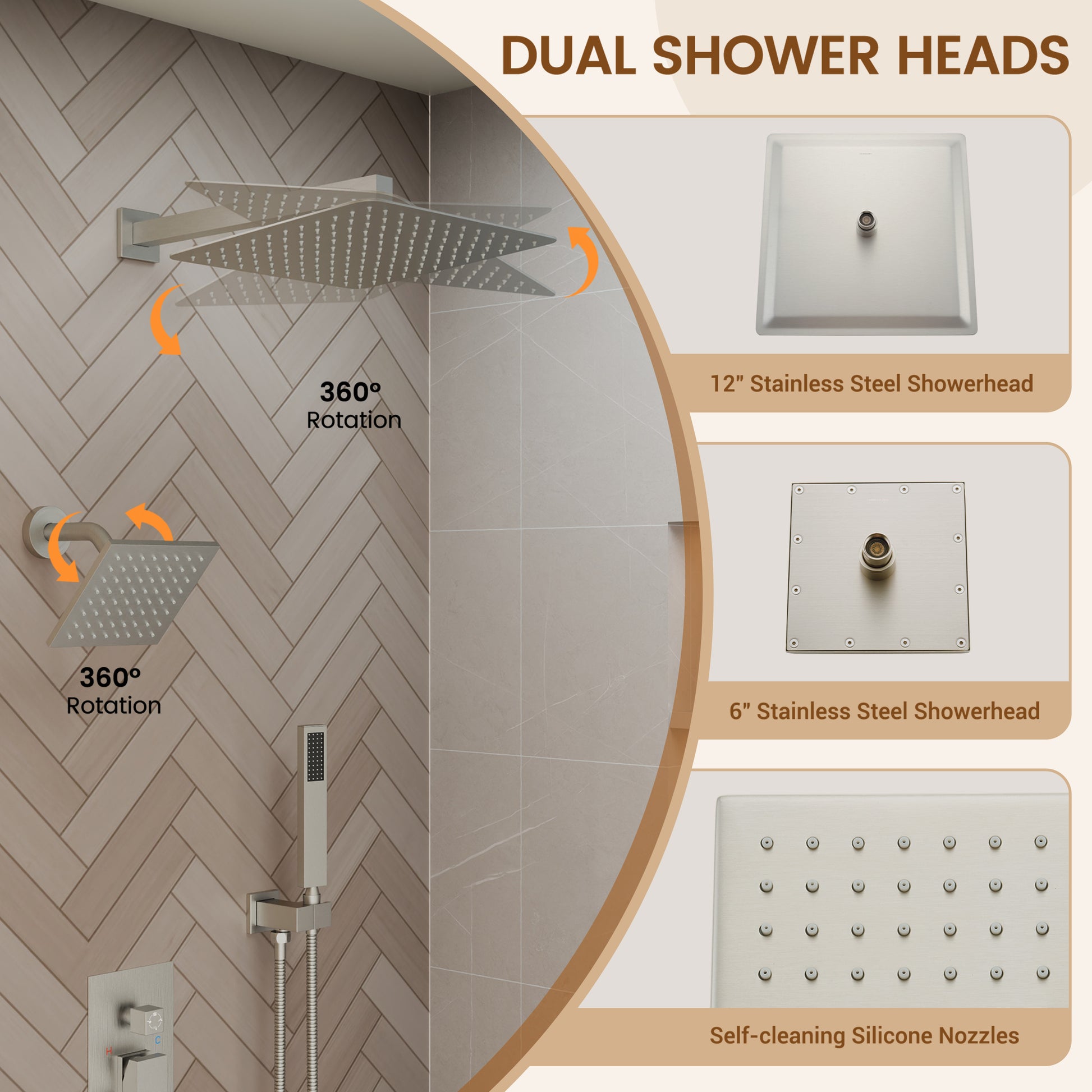 12" 4-Function Dual Shower Head System with Tub Spout