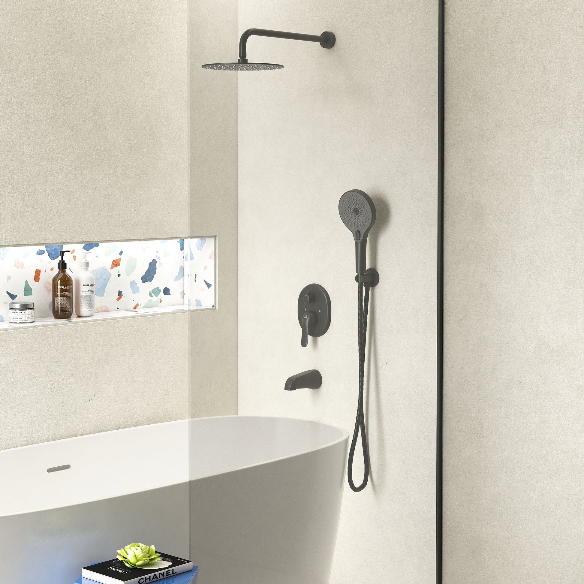 10" Wall-Mounted Rainfall Shower System with Handheld & Tub Spout