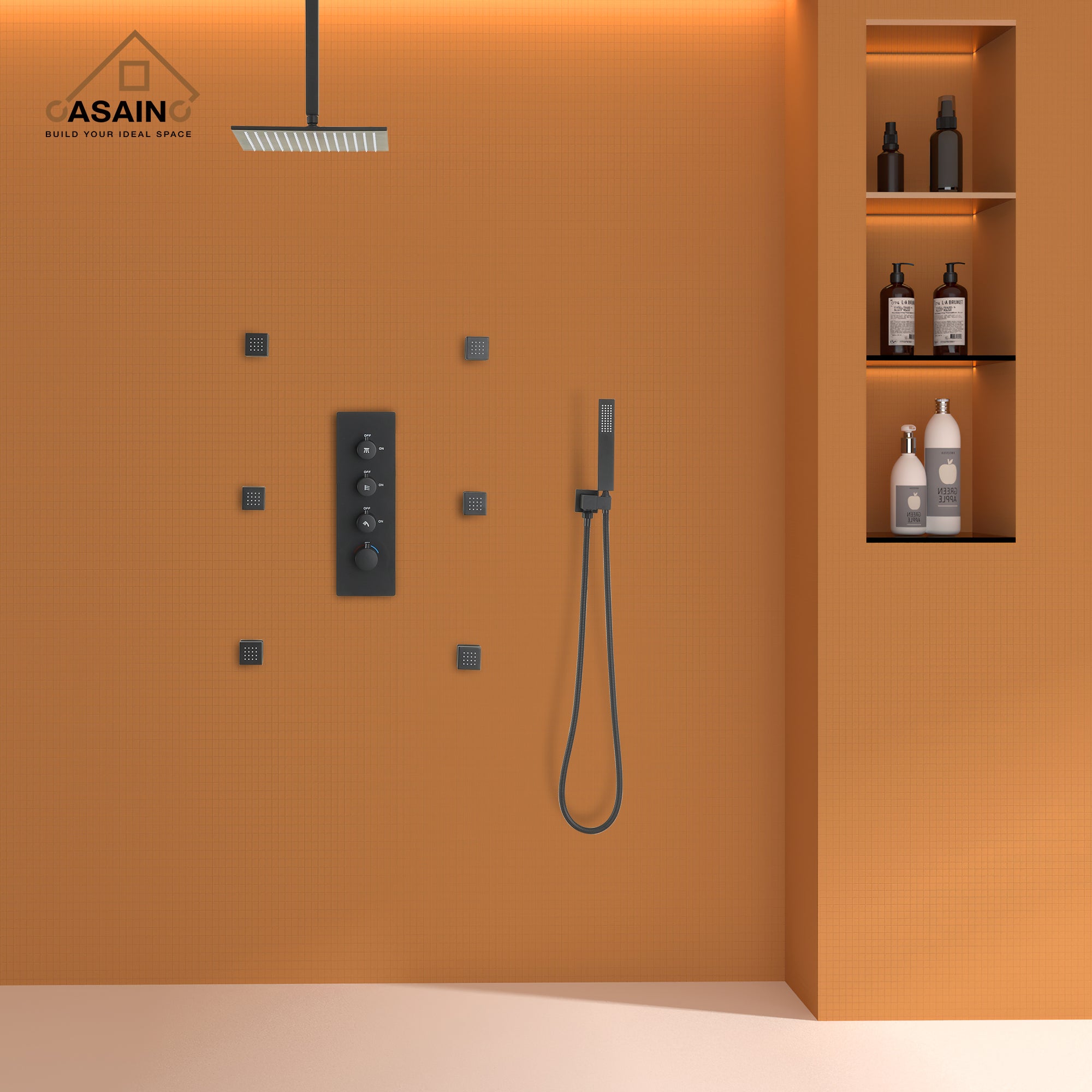 12" Ceiling-Mounted Rainfall Shower System with Handheld & Body Jets