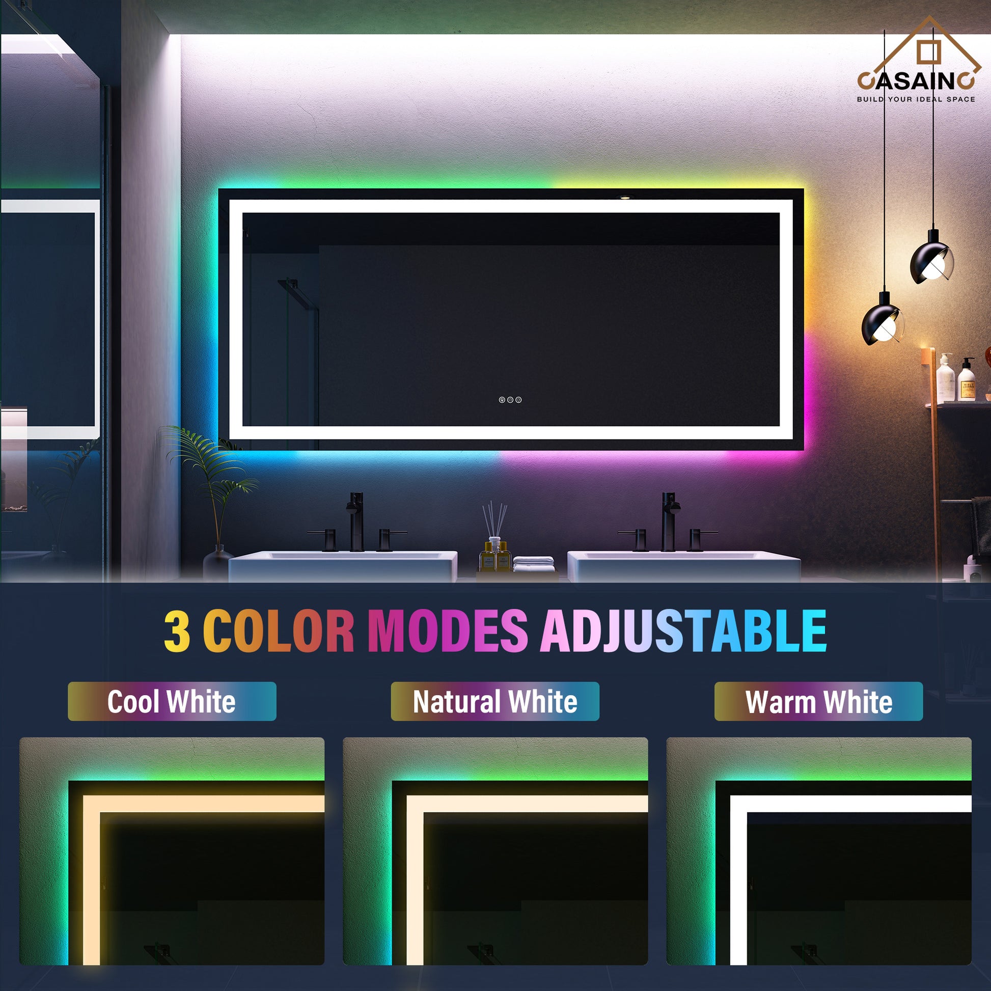 Tempered RGB LED Bathroom Mirror with Smart Controls & Anti-Fog