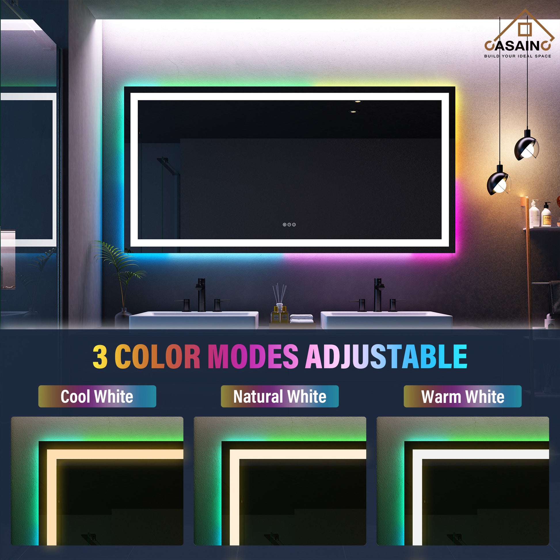 Tempered RGB LED Bathroom Mirror with Smart Controls & Anti-Fog