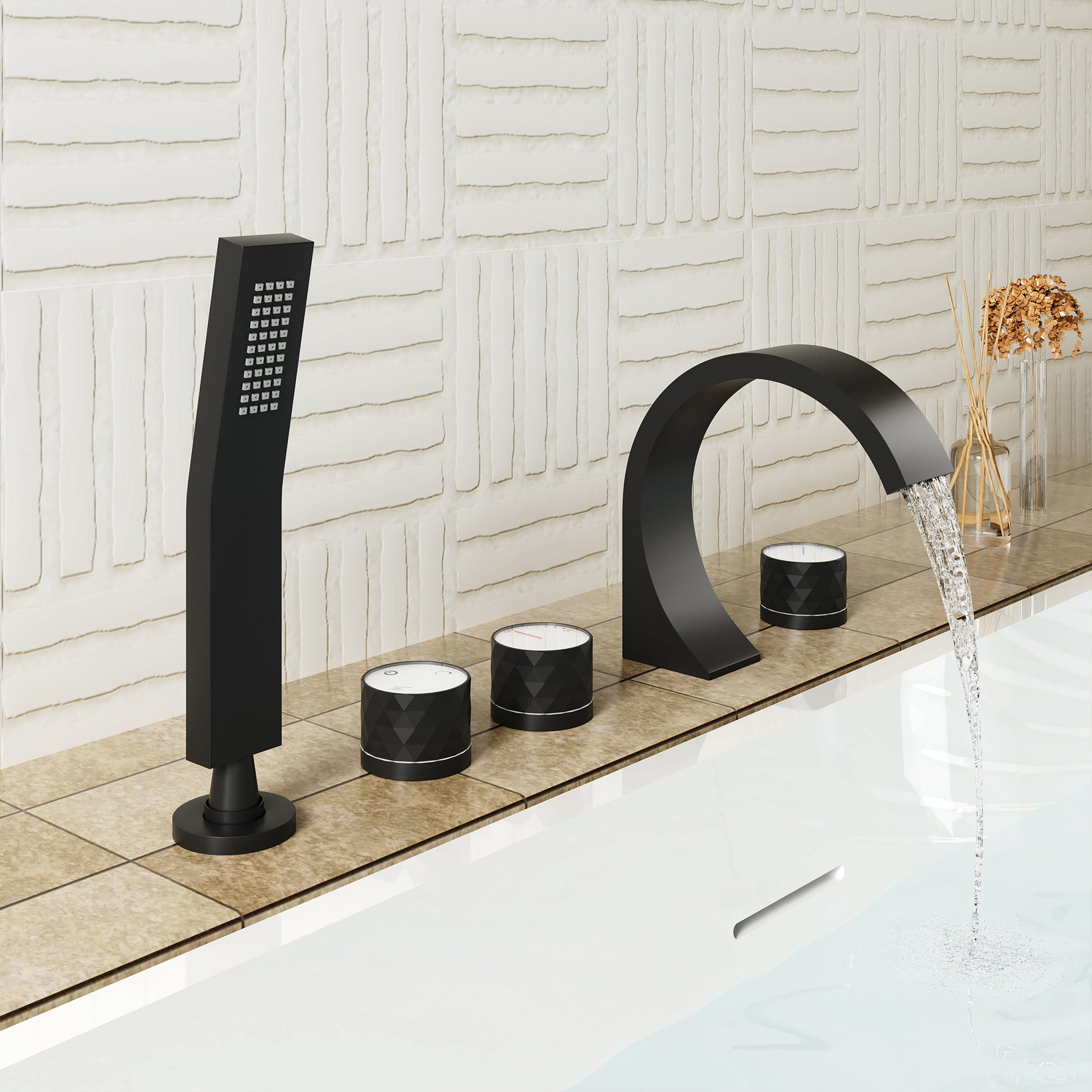 C-Shaped Curved Design 3-Handle Roman Bathtub Faucet with Hand Shower