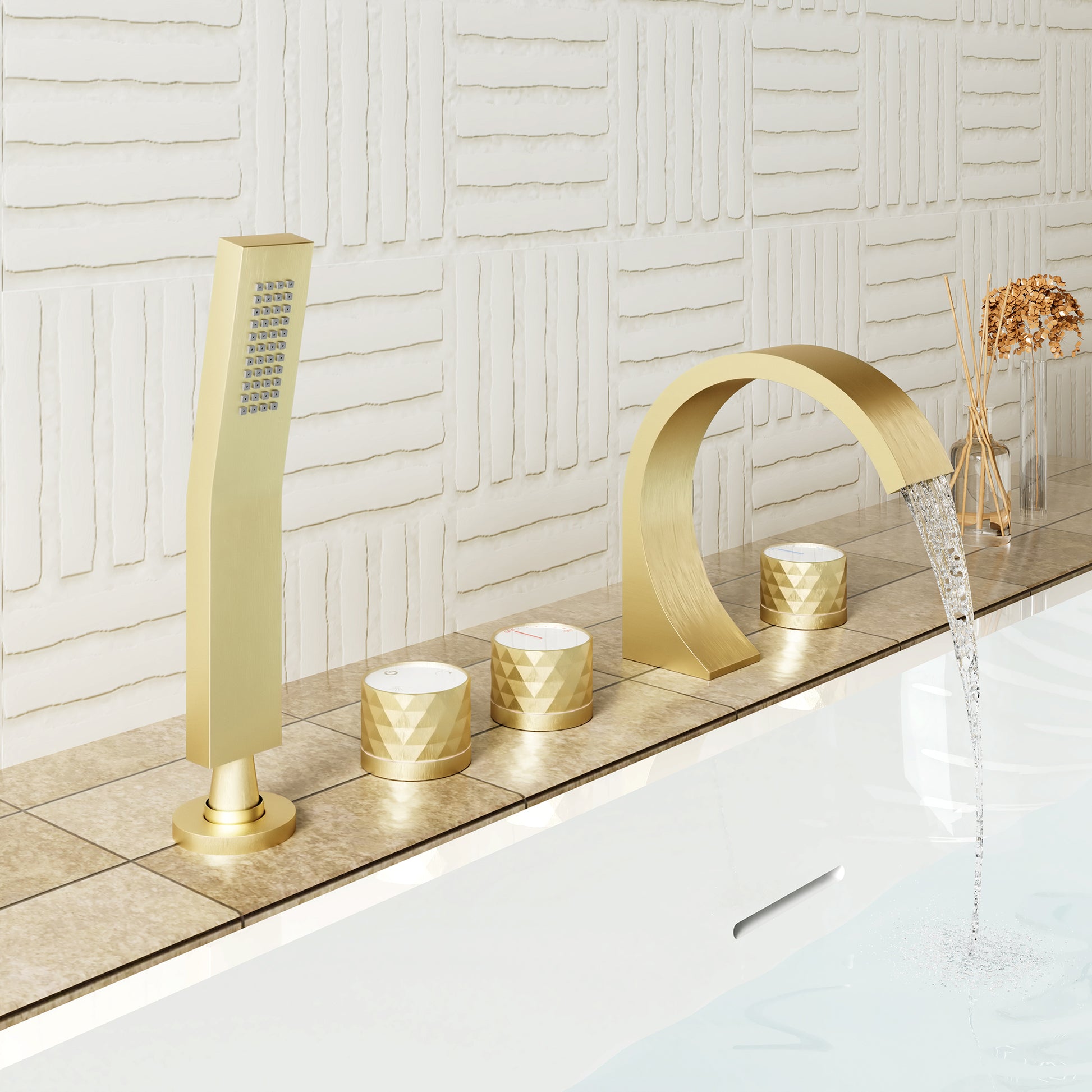 C-Shaped Curved Design 3-Handle Roman Bathtub Faucet with Hand Shower