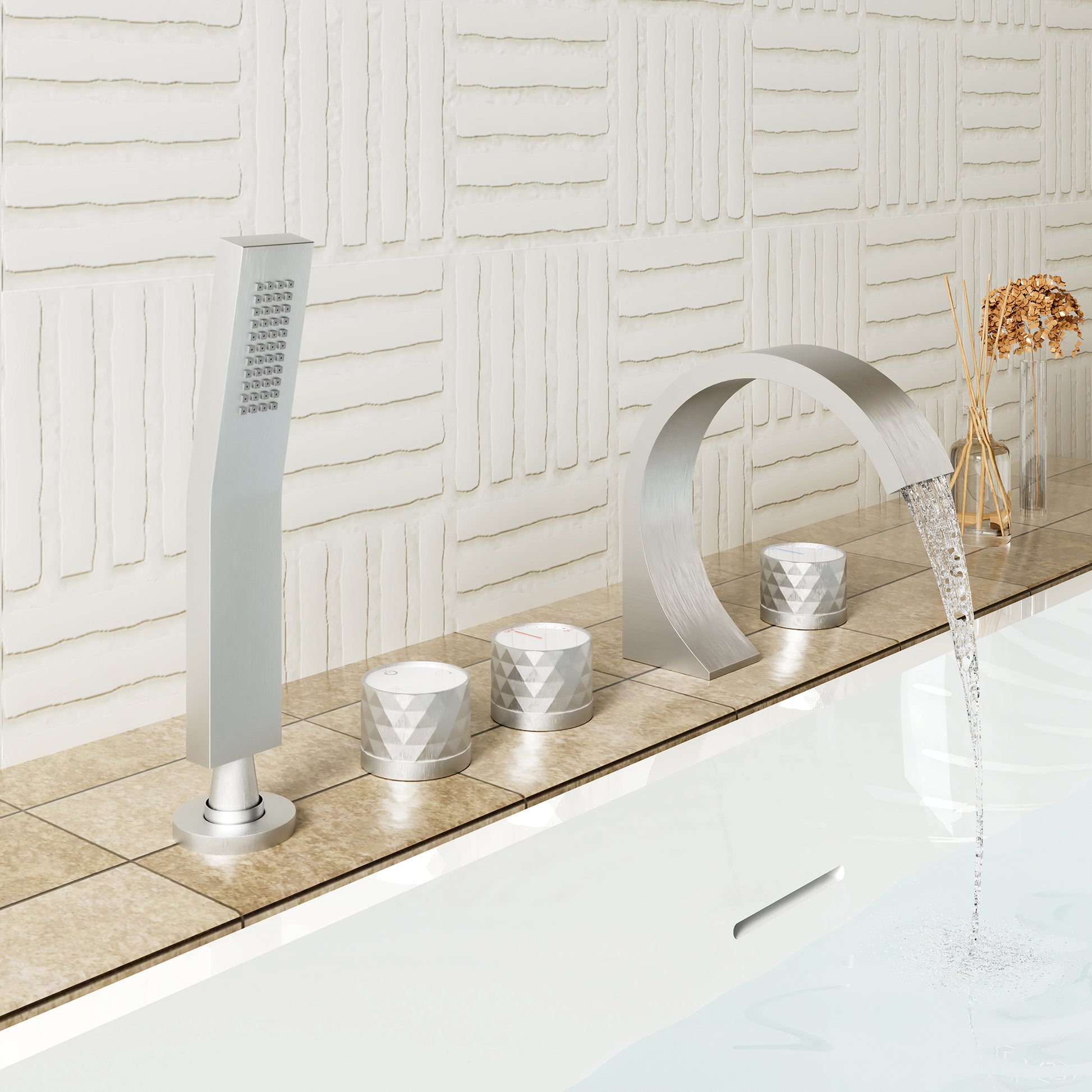 C-Shaped Curved Design 3-Handle Roman Bathtub Faucet with Hand Shower