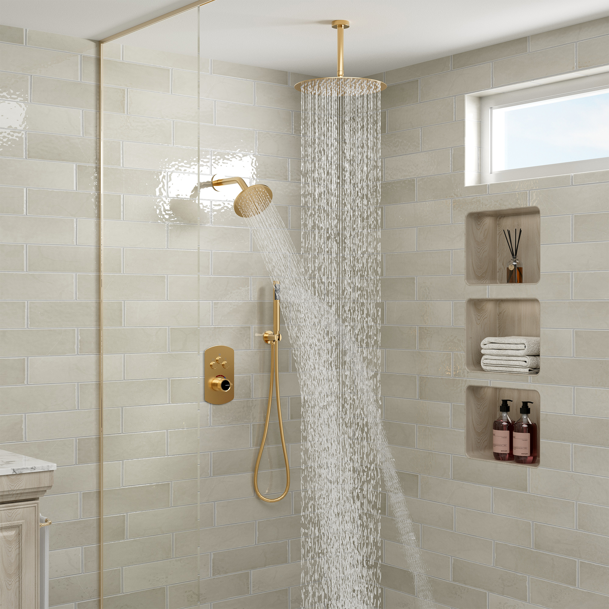 3-Function Shower System with Dual Showerheads and Balancing Valve