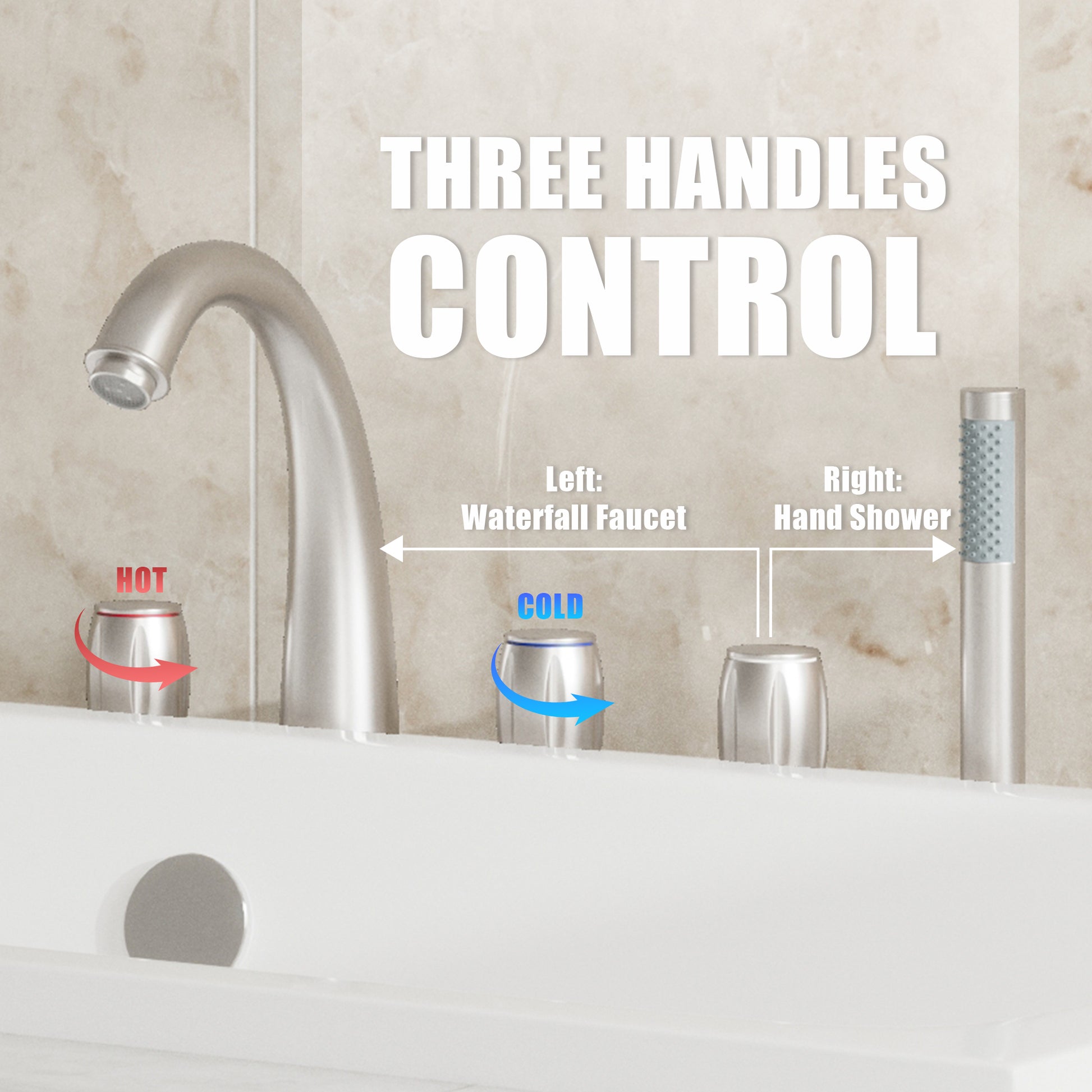 3-Handle Deck-Mounted Waterfall Roman Tub Faucet with Hand Shower