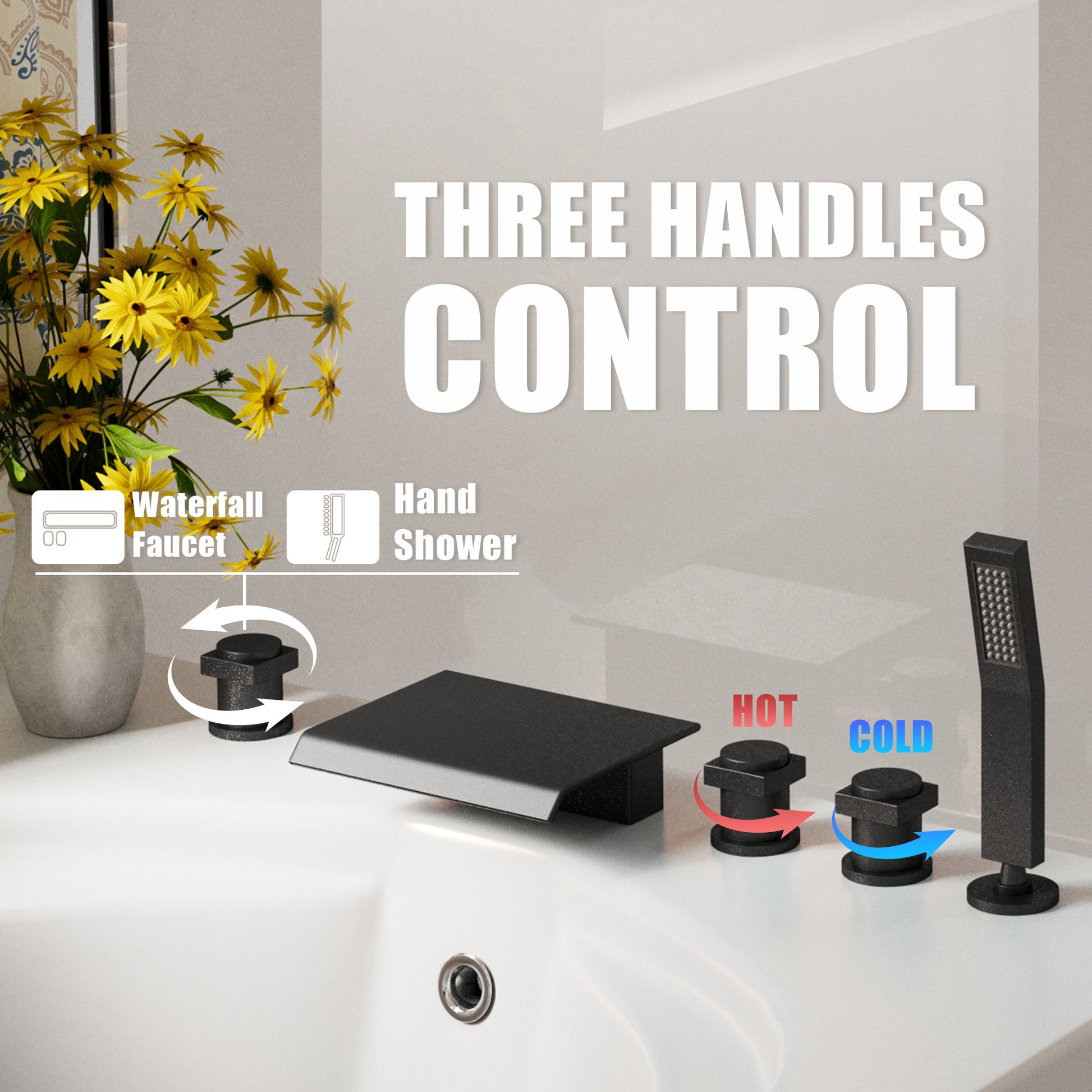 3-Handle 5 Holes Deck-Mounted Bathtub Faucet with Handheld Shower
