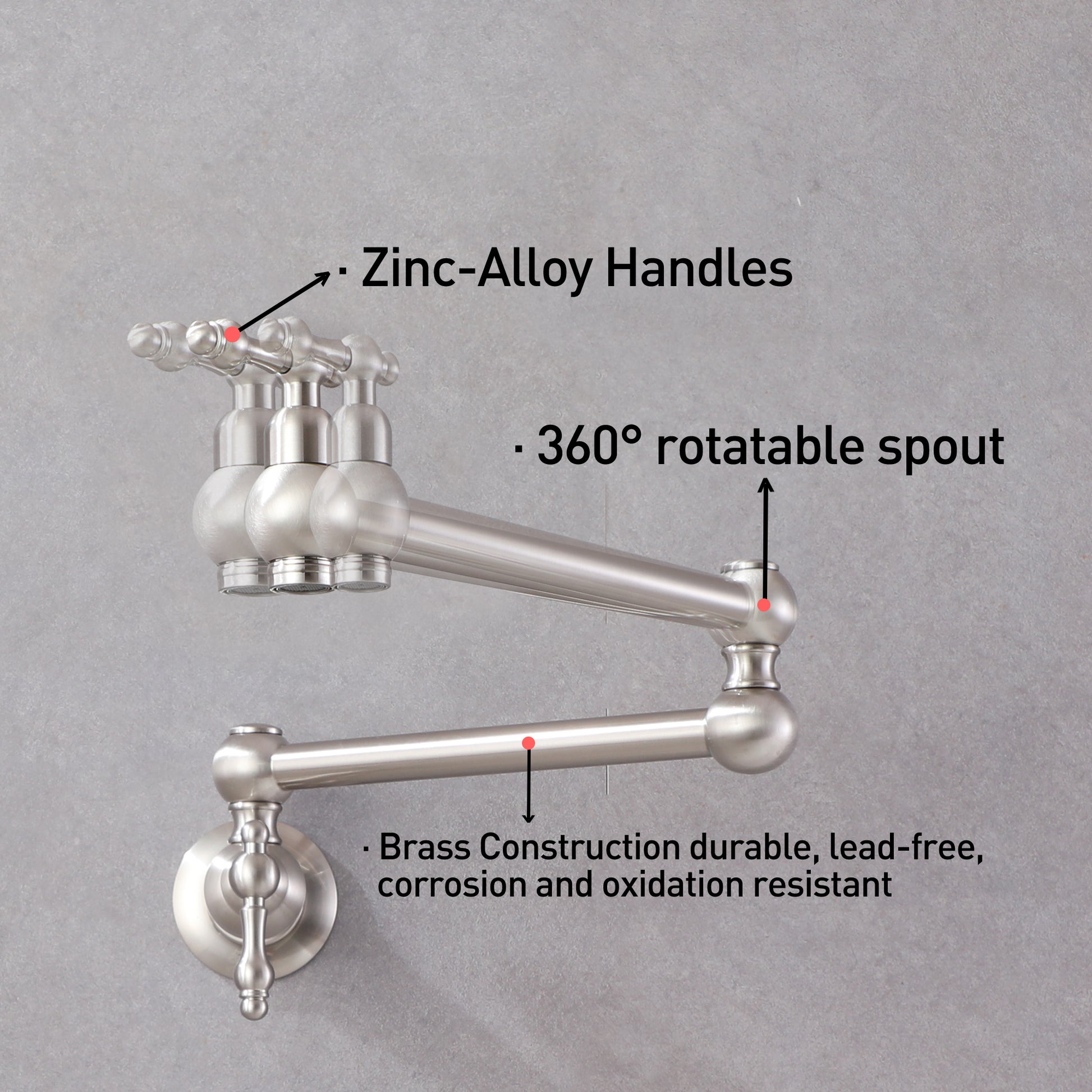 Wall Mounted Pot Filler Faucet with Double Handles, 360° Rotatable Folding Spout, Solid Brass Construction, Anti-Splash Aerator