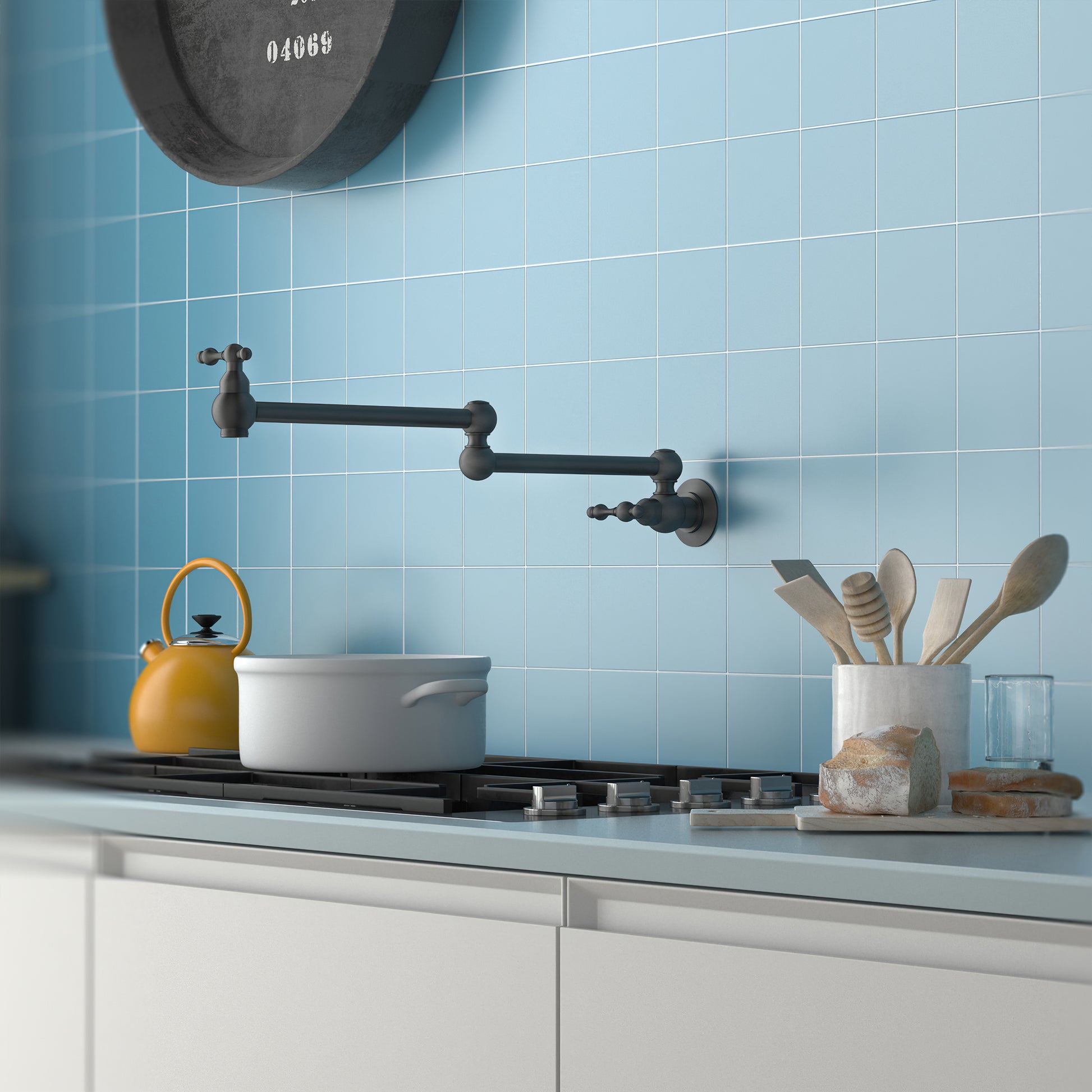 Wall Mounted Pot Filler Faucet with Double Handles, 360° Rotatable Folding Spout, Solid Brass Construction, Anti-Splash Aerator