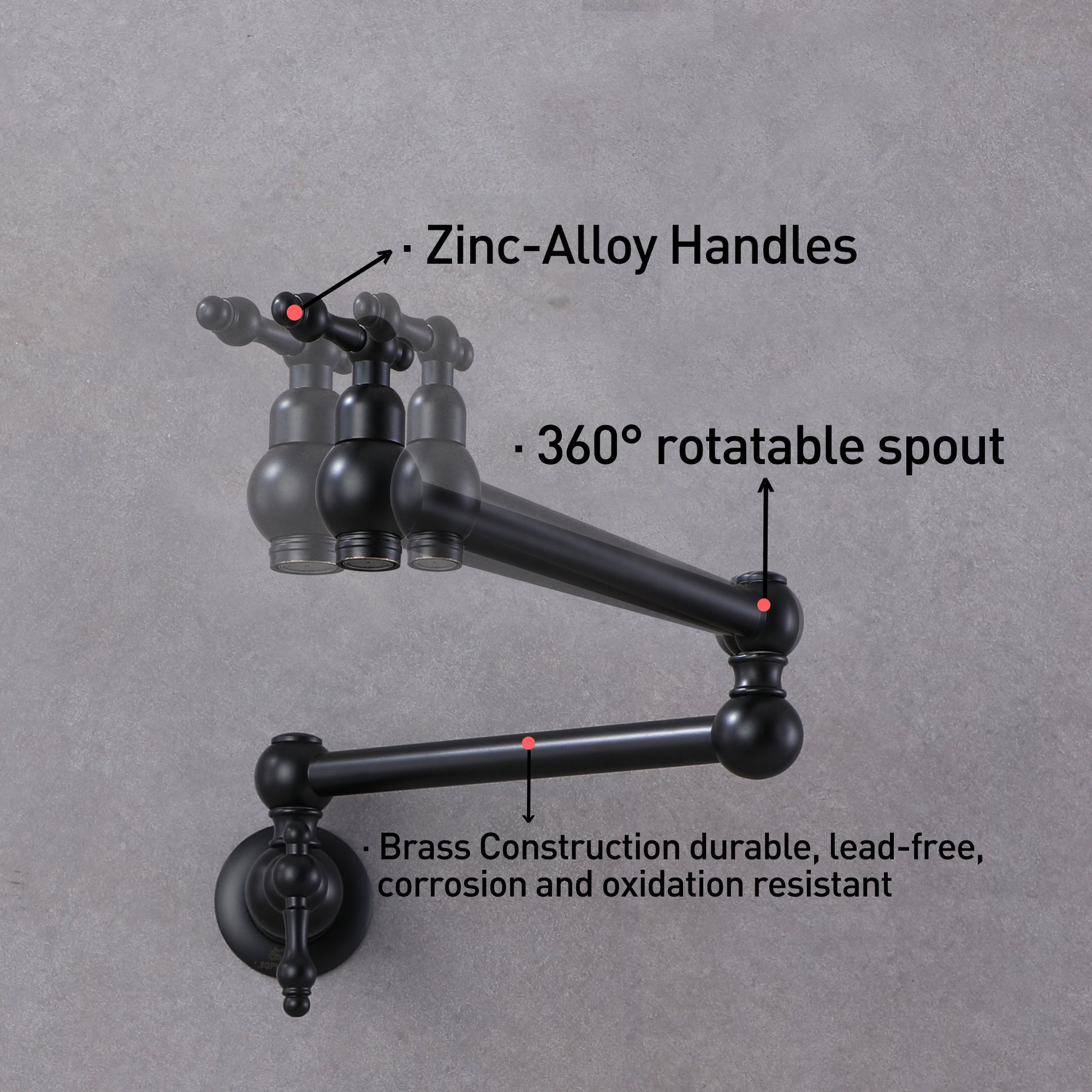 Wall Mounted Pot Filler Faucet with Double Handles, 360° Rotatable Folding Spout, Solid Brass Construction, Anti-Splash Aerator
