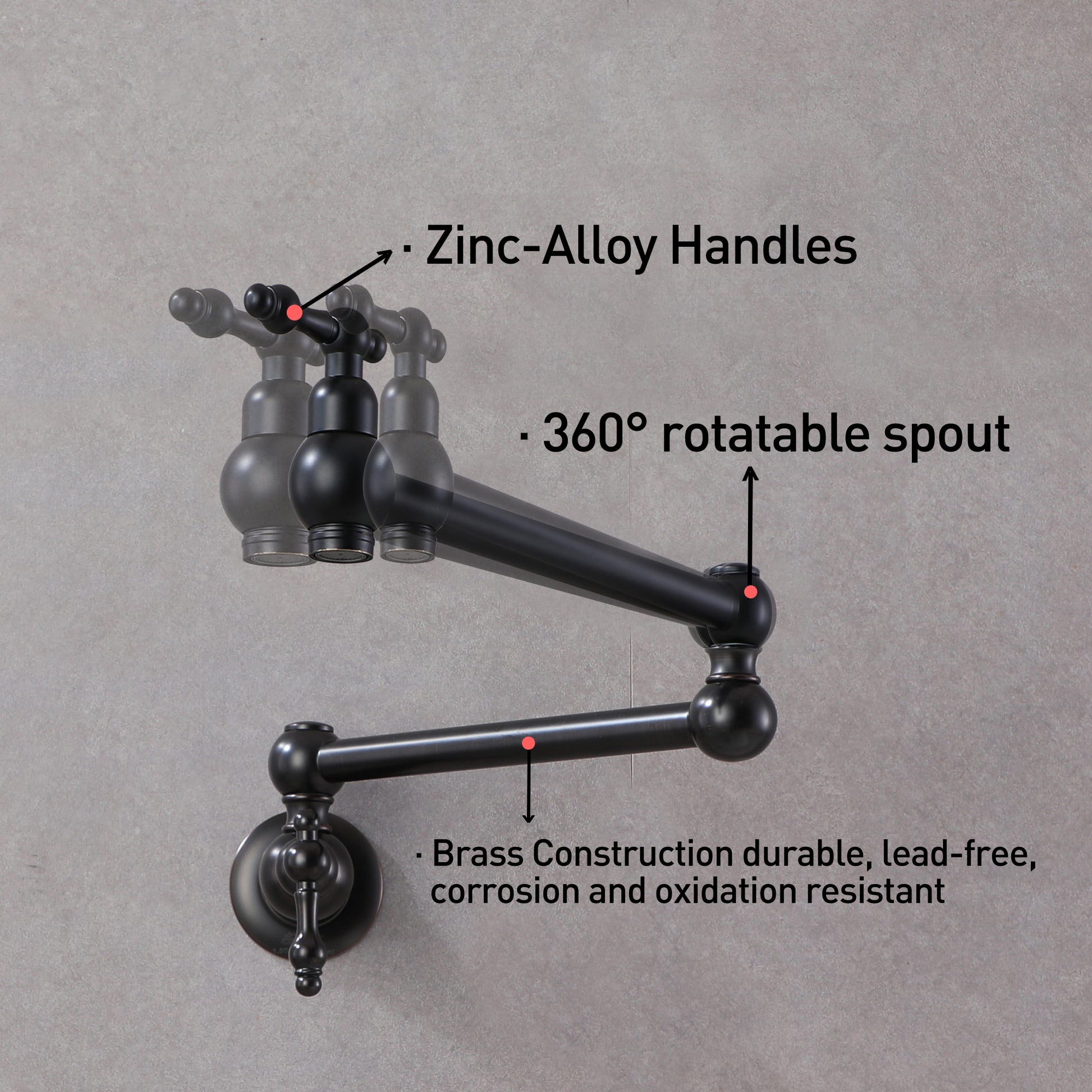 Wall Mounted Pot Filler Faucet with Double Handles, 360° Rotatable Folding Spout, Solid Brass Construction, Anti-Splash Aerator