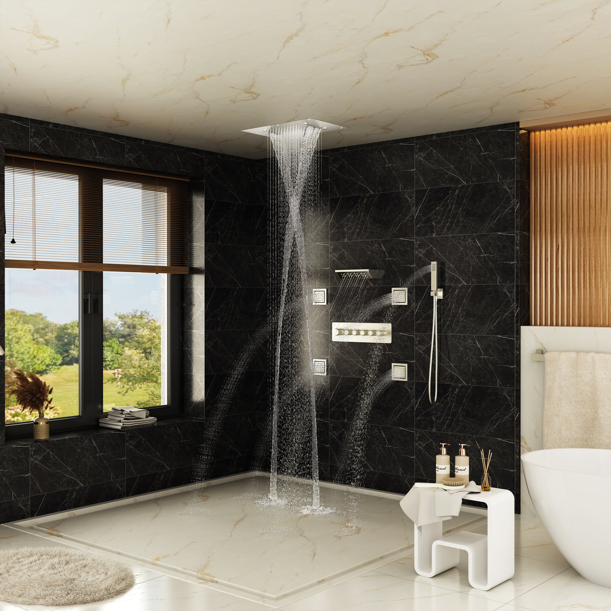 23.6" x 15.7" Ceiling-Mounted 5-Function Thermostatic Shower System with Neck/Back Massage Spout